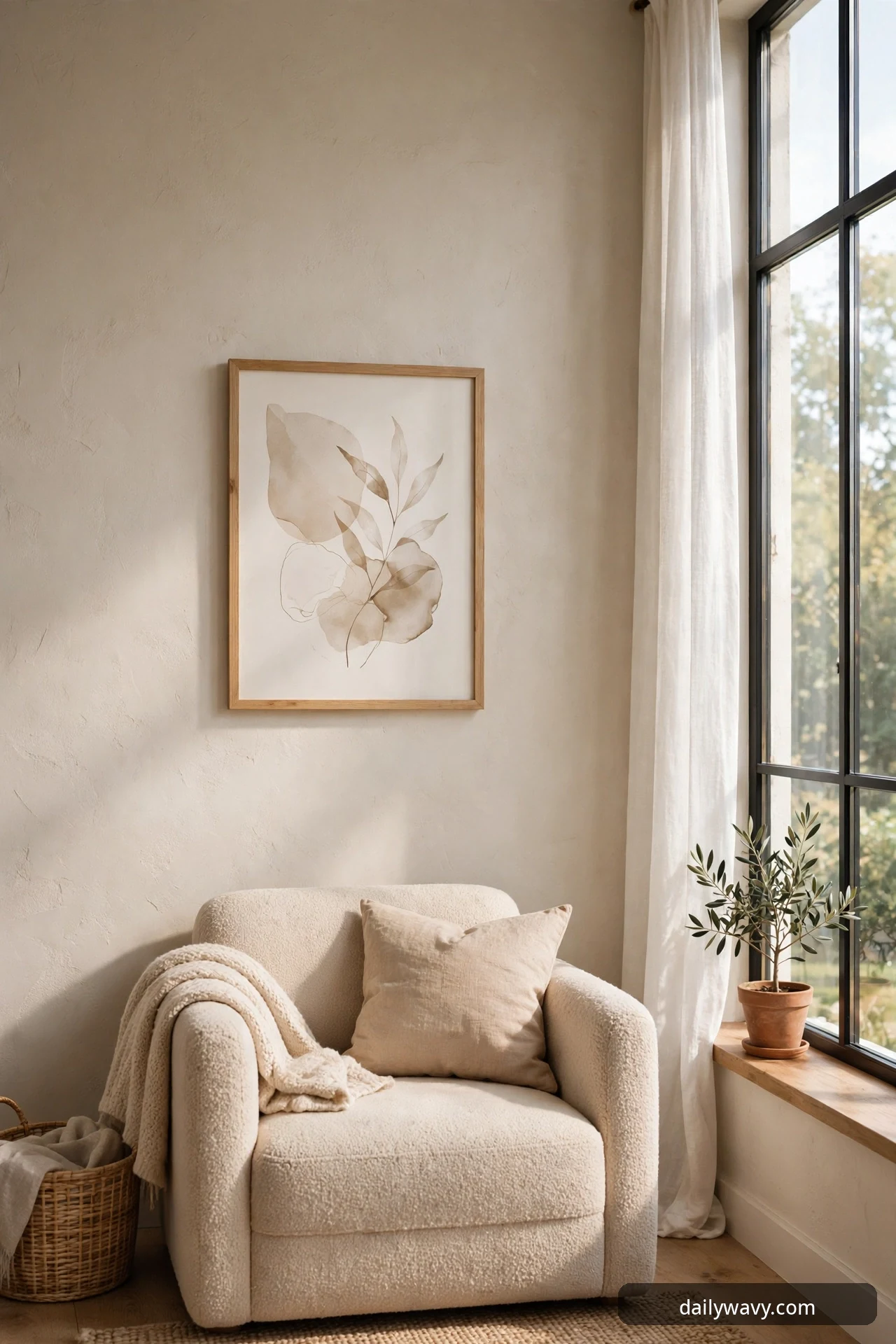 A wood-framed botanical line-art print hangs on a textured wall above a cream boucle armchair with a folded throw and a linen pillow, beside a tall window with a potted olive branch on the sill.