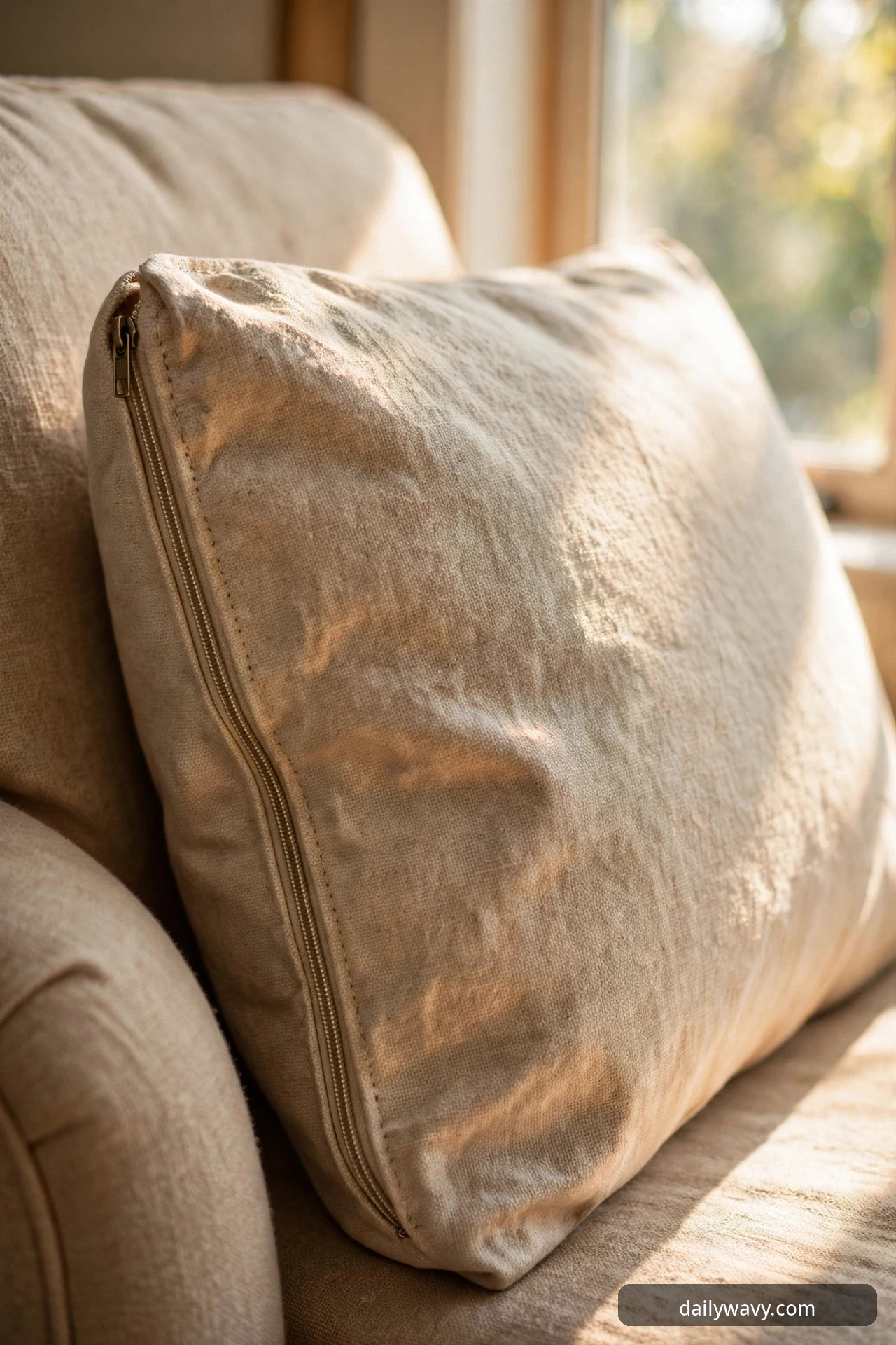 A close-up of a zippered natural linen cushion cover propped against an armchair cushion, with sunlight streaming through a blurred window behind.