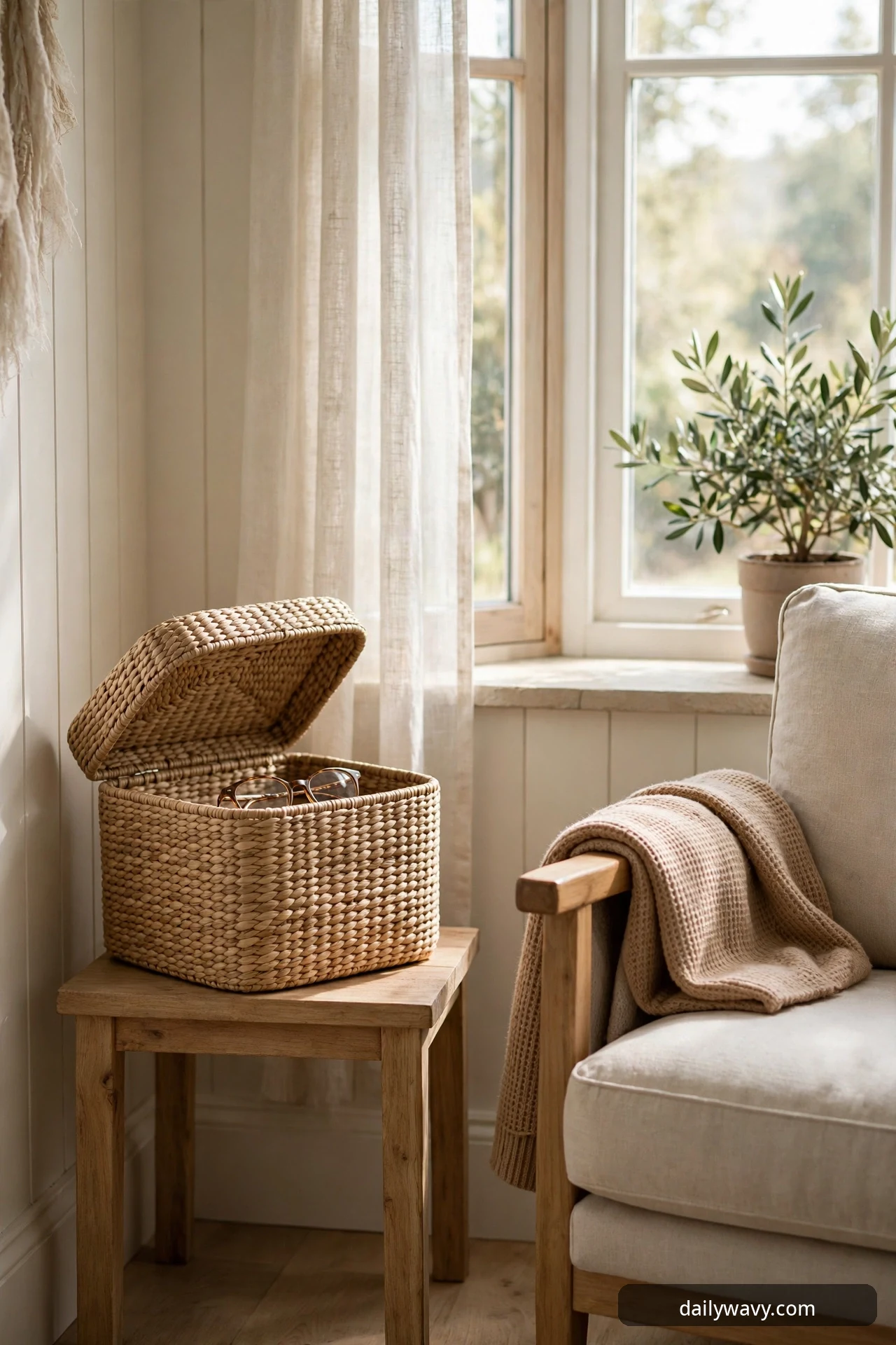 An open woven rattan lidded box holding eyeglasses sits on a small wooden stool beside a wood-framed chair with a folded knit throw, with a potted olive branch on the window sill behind.