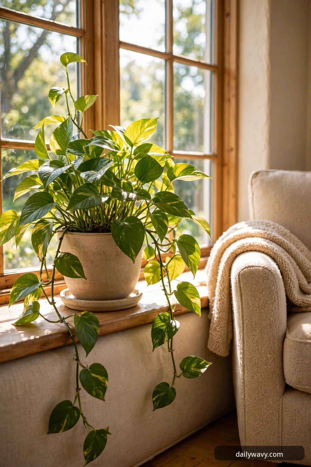 A trailing pothos in a speckled stoneware pot with a matching saucer sits on a deep wooden window sill, with the arm of a boucle chair and a folded knit throw beside it.