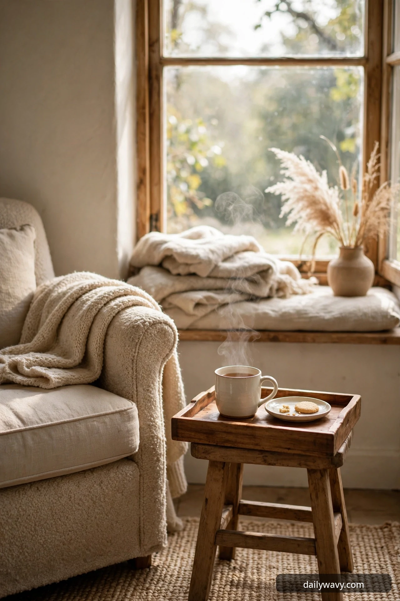 A steaming mug of tea and a small plate of cookies sit on a wooden tray atop a rustic wooden stool beside an armchair with a folded knit throw, with folded blankets and a vase of pampas grass on the window bench behind.