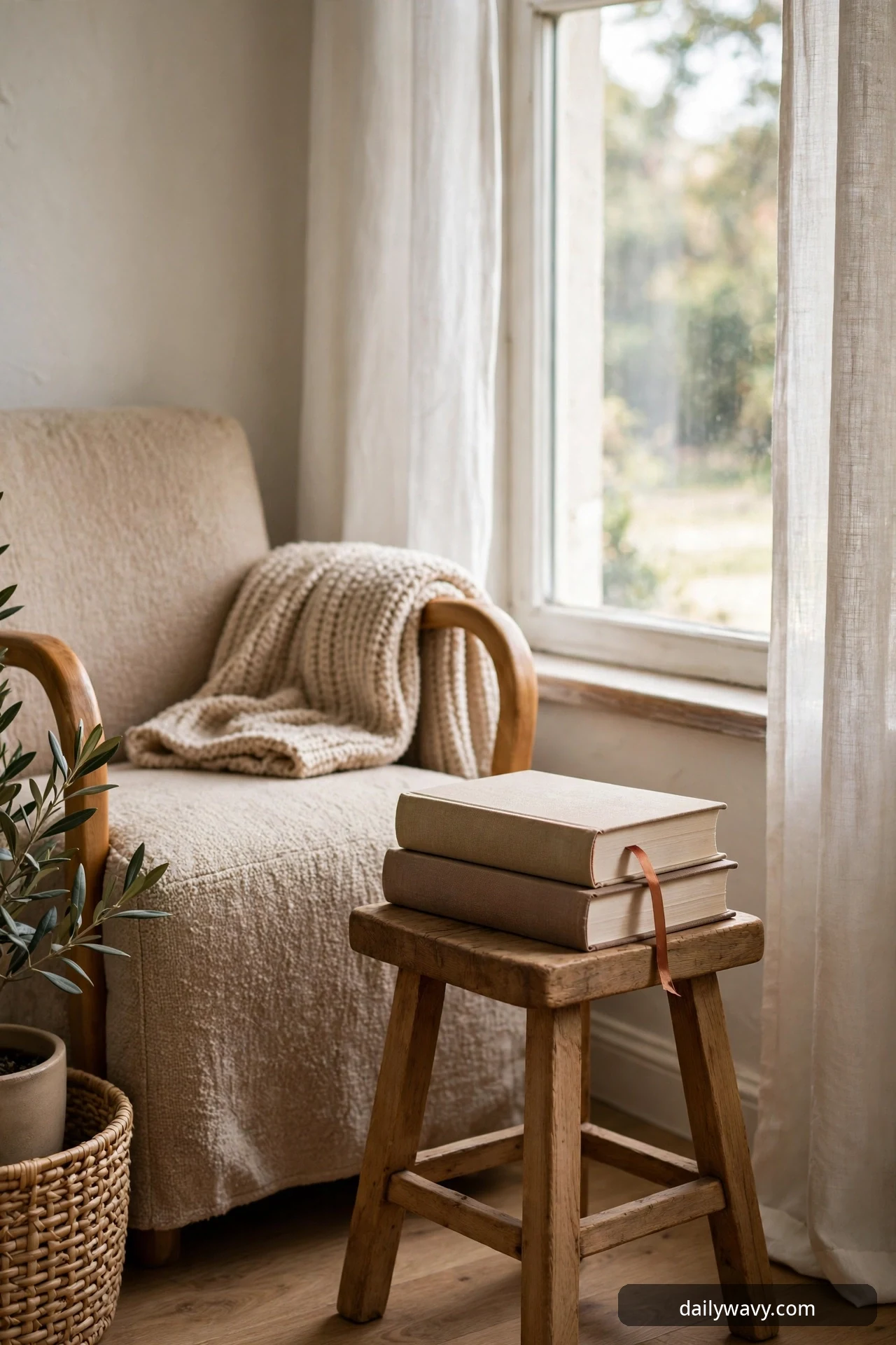 Two stacked hardcover books with a ribbon bookmark sit on a small rustic wooden stool beside a cream boucle armchair with a cable-knit throw, with an olive sprig and a woven basket at the side.
