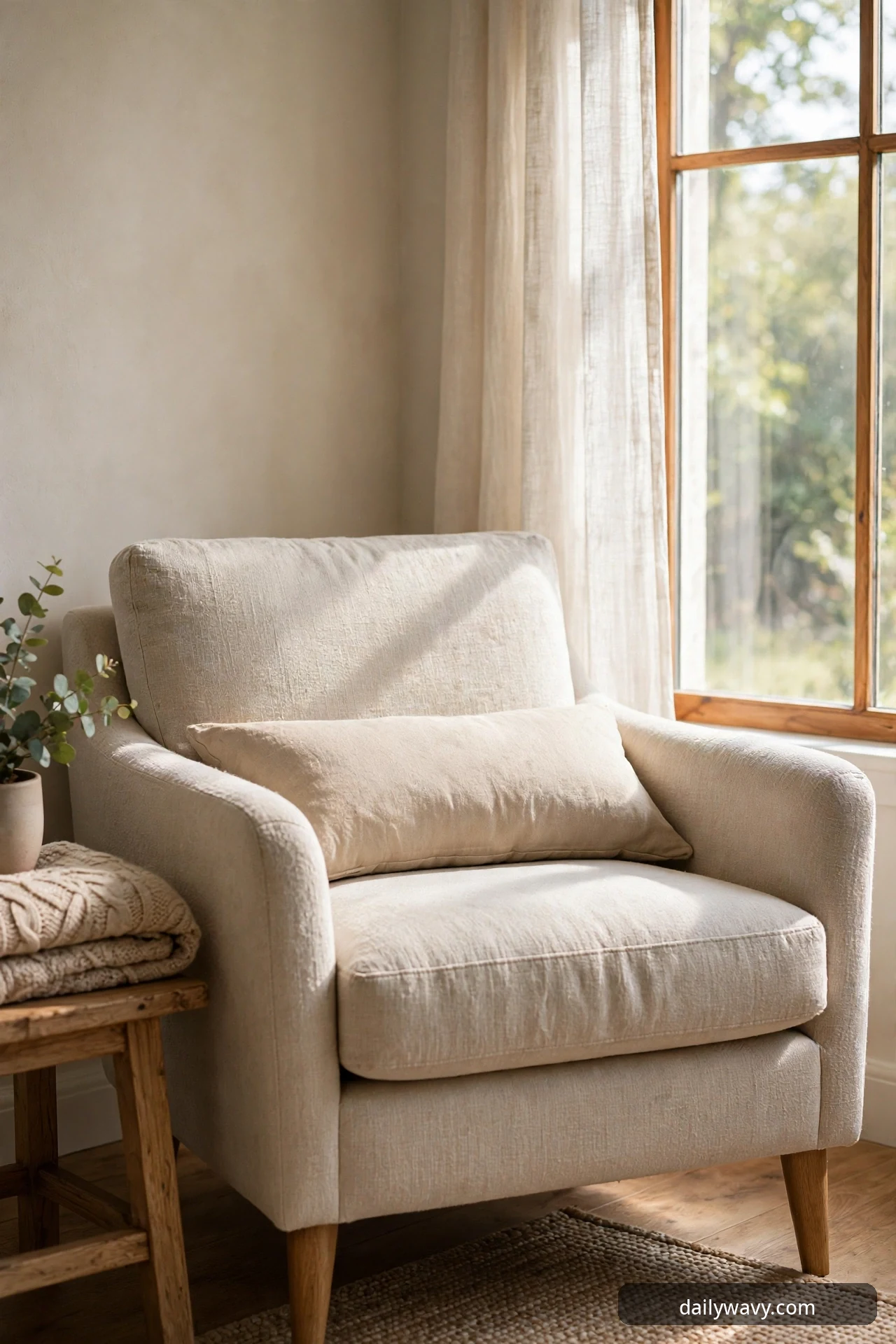 A beige linen armchair with a rectangular lumbar cushion against its back sits by a tall wood-framed window with a sheer curtain, beside a small wooden stool with a folded knit throw, a potted eucalyptus, and a woven rug underfoot.