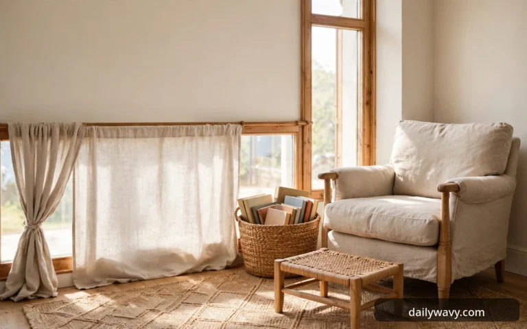 A wide view of a sunlit window reading nook shows a beige linen armchair with wooden arms, a woven rattan footstool, and a wicker basket of books beside a sheer linen curtain covering the lower half of a wood-framed window, with a textured jute rug underfoot.