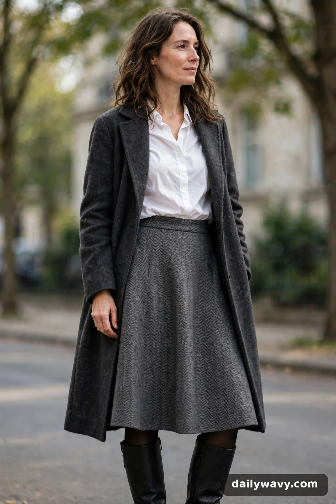Adult wearing cotton blouse with an A-line skirt for winter casual outfits