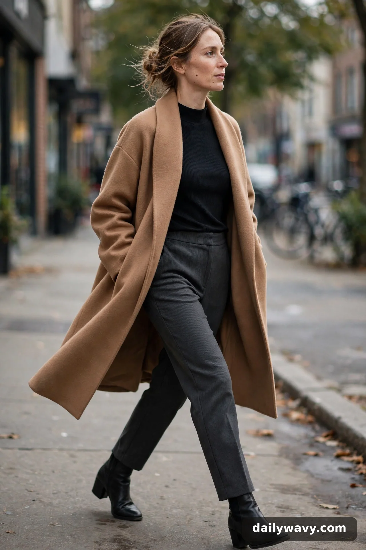 Adult wearing mock-neck top with straight trousers for winter casual outfits