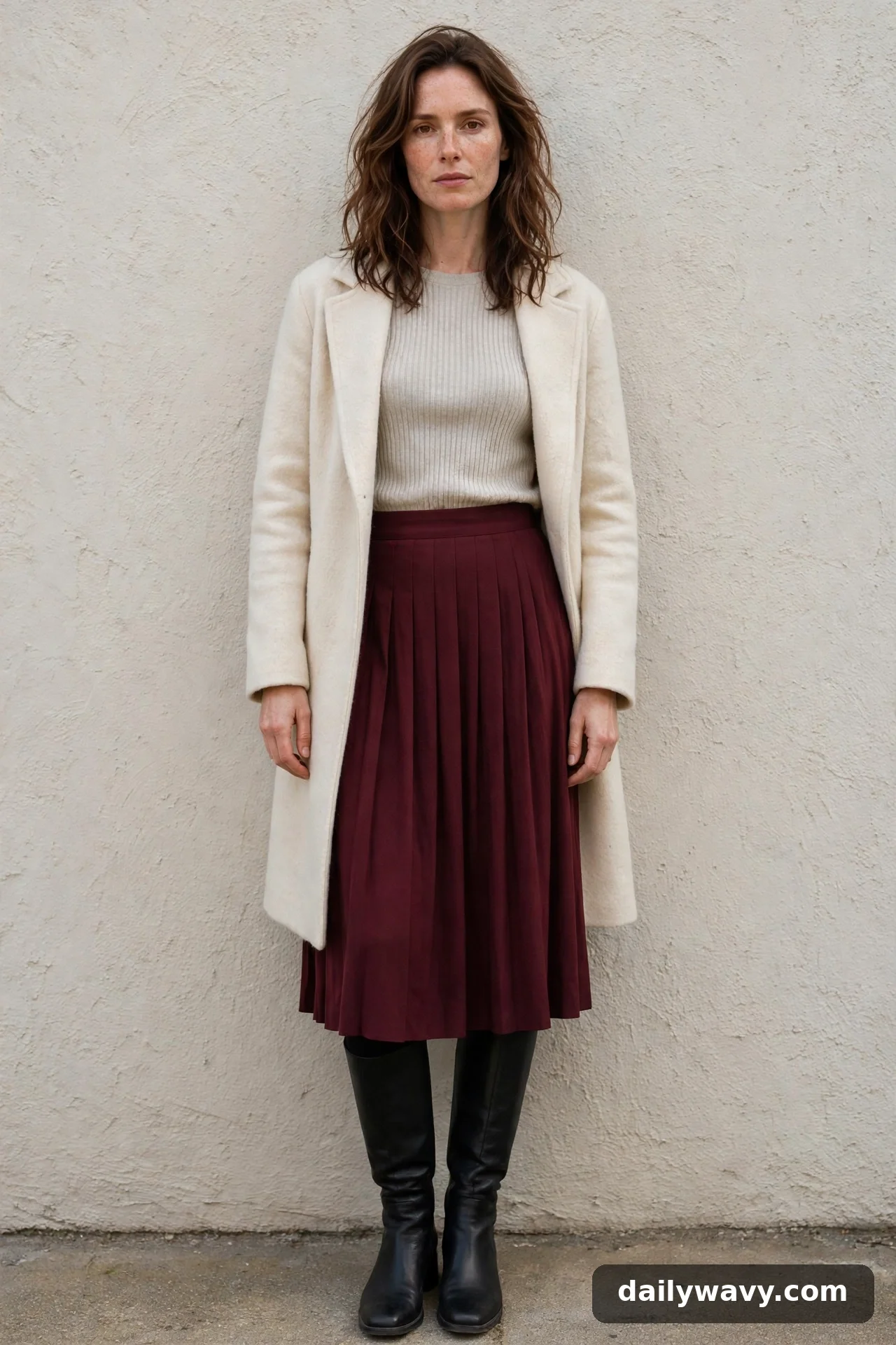 Adult wearing plain top with a pleated skirt for winter casual outfits