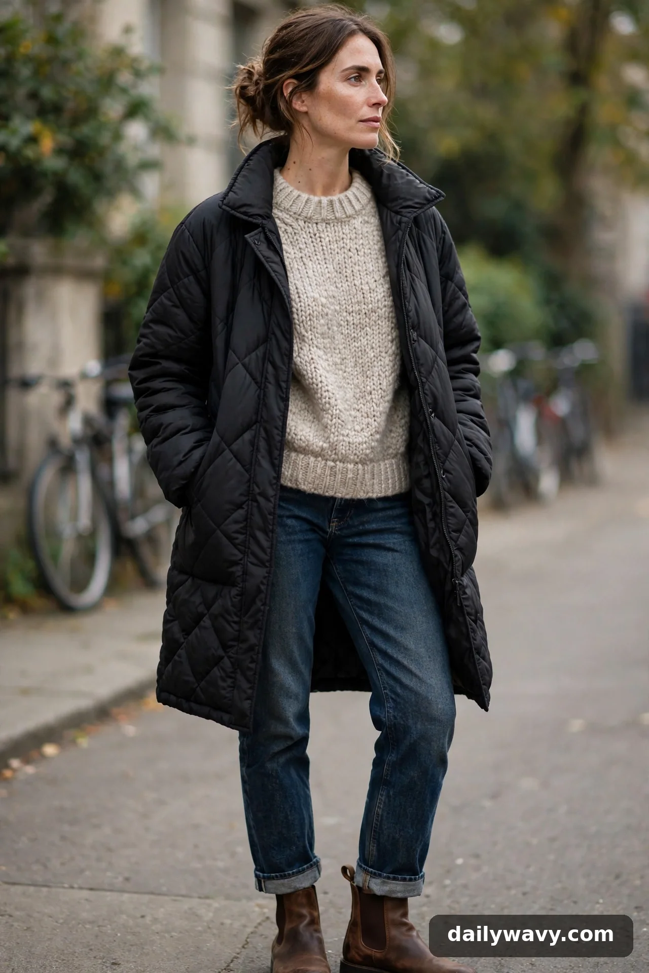 Adult wearing crewneck knit with dark jeans for winter casual outfits
