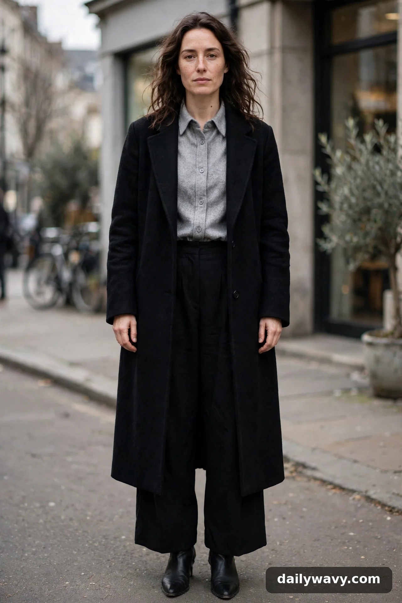 Adult wearing wool-look shirt with wide trousers for winter casual outfits