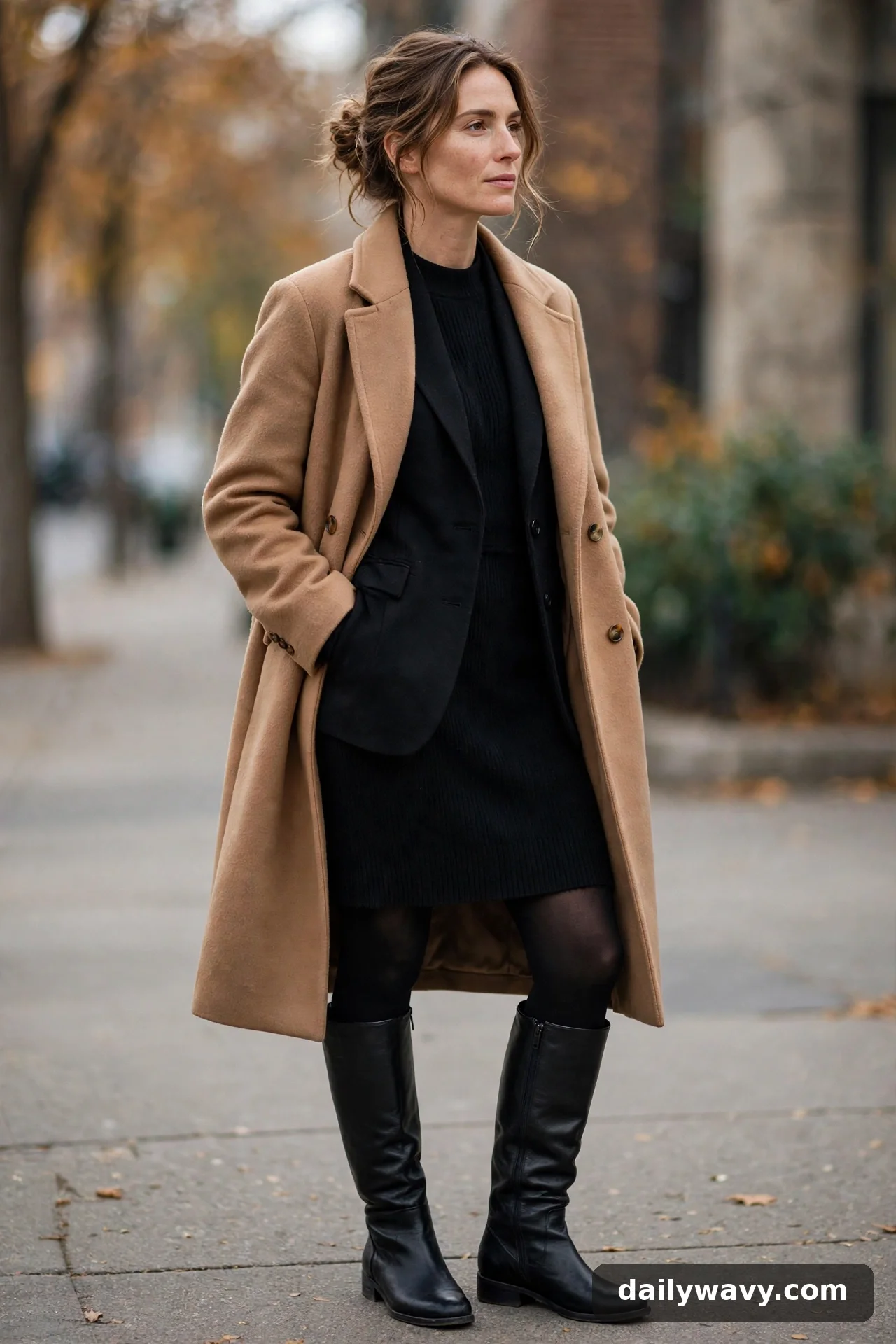 Adult wearing tailored jacket with a simple dress for winter casual outfits