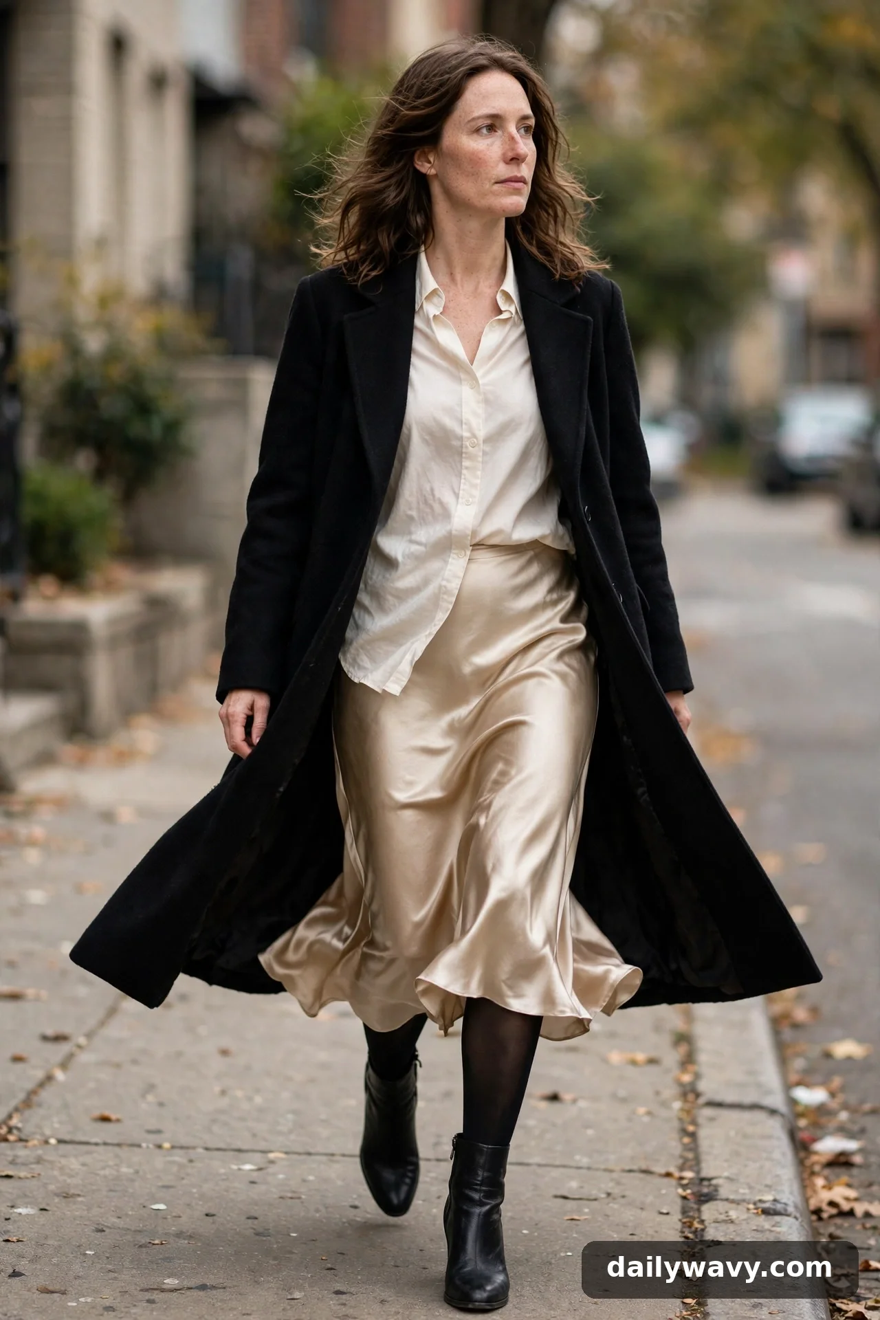Adult wearing soft shirt with a satin skirt for winter casual outfits