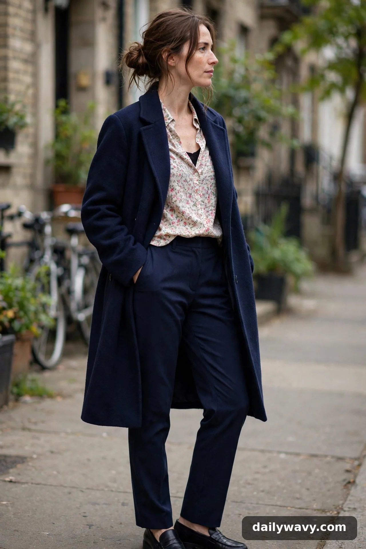 Adult wearing printed blouse with solid trousers for winter casual outfits