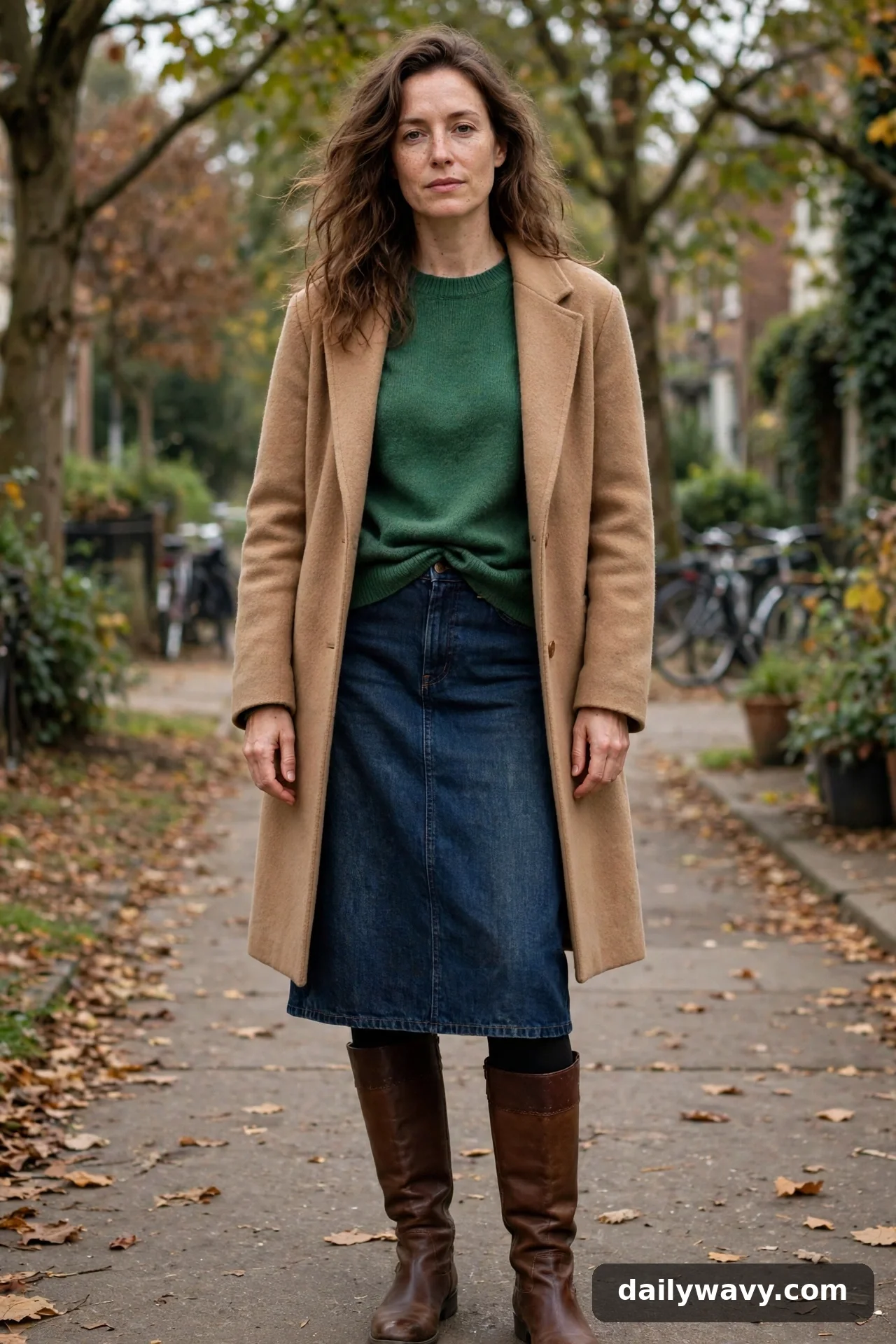 Adult wearing simple knit with a denim skirt for winter casual outfits