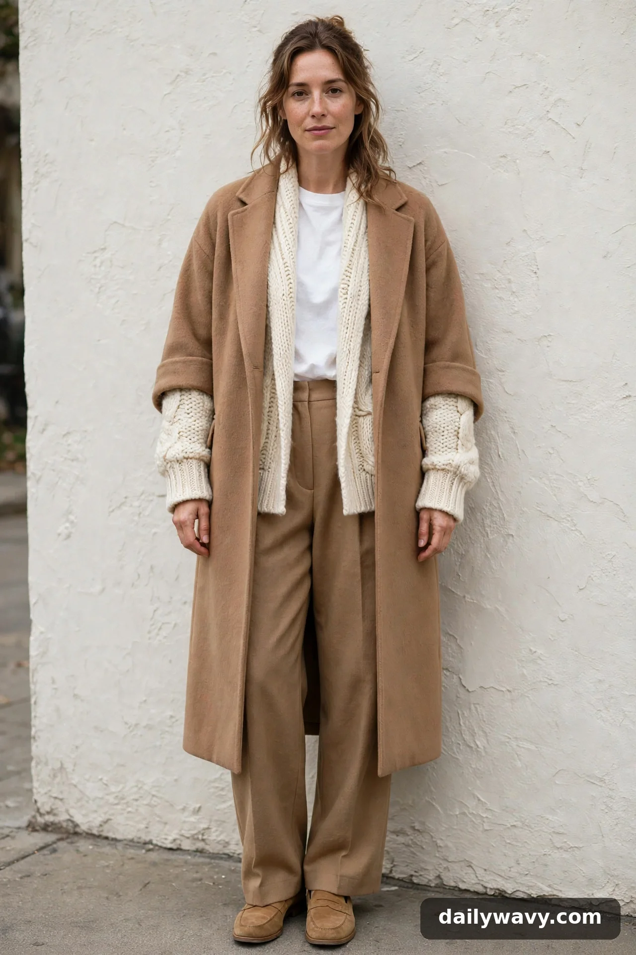 Adult wearing plain tee with wide trousers for winter casual outfits