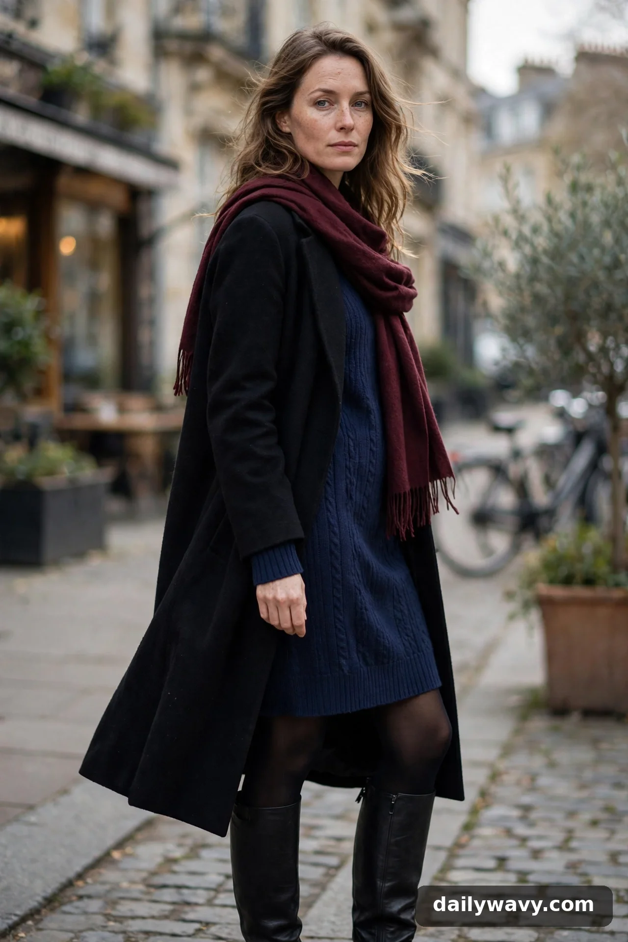 Adult wearing simple dress with an appropriate layer for winter casual outfits