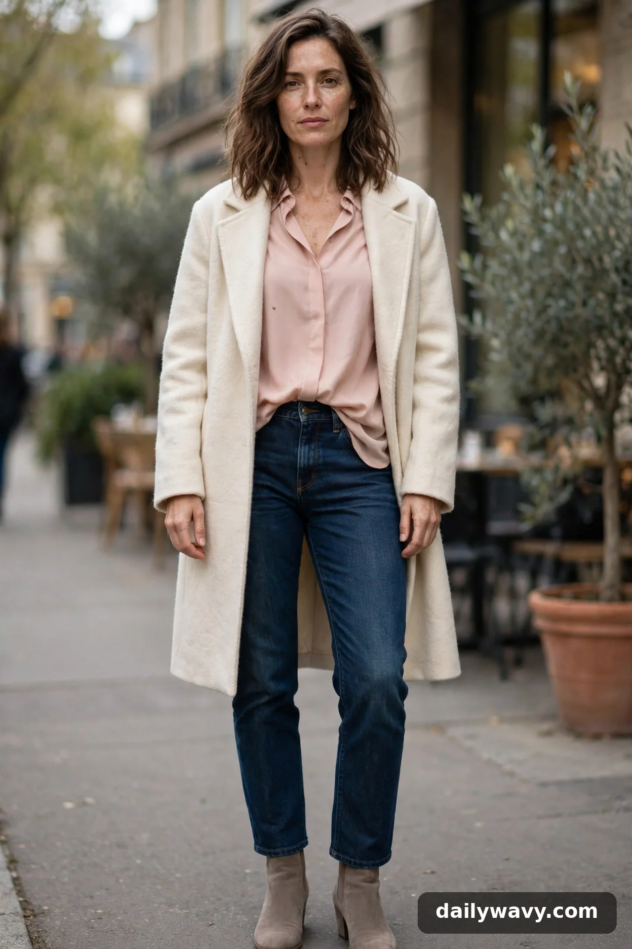 Adult wearing soft blouse with dark denim for winter casual outfits