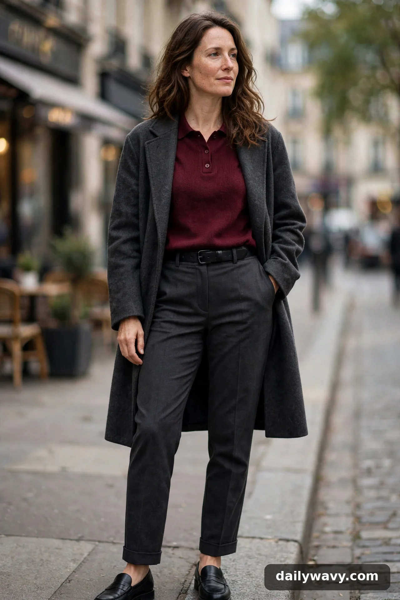 Adult wearing knit polo with tailored trousers for winter casual outfits