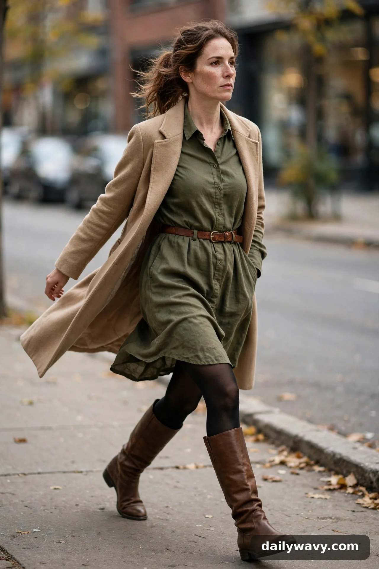 Adult wearing shirt dress with a narrow belt for winter casual outfits
