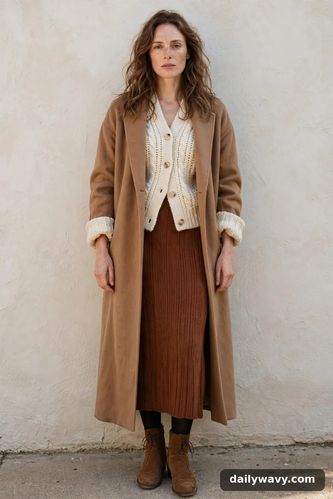 Adult wearing buttoned cardigan with a long skirt for winter casual outfits