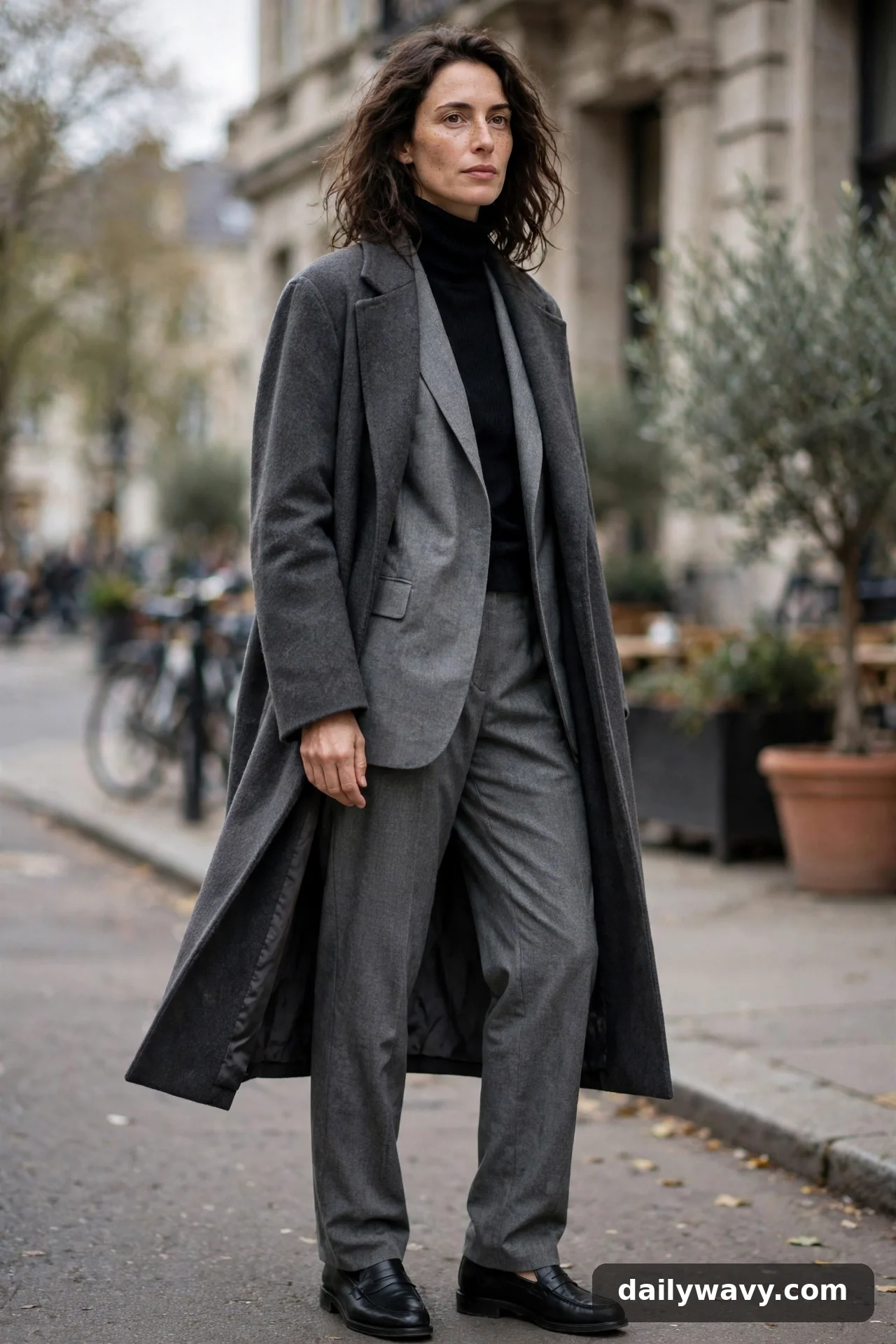 Adult wearing opaque top with a relaxed suit for winter casual outfits