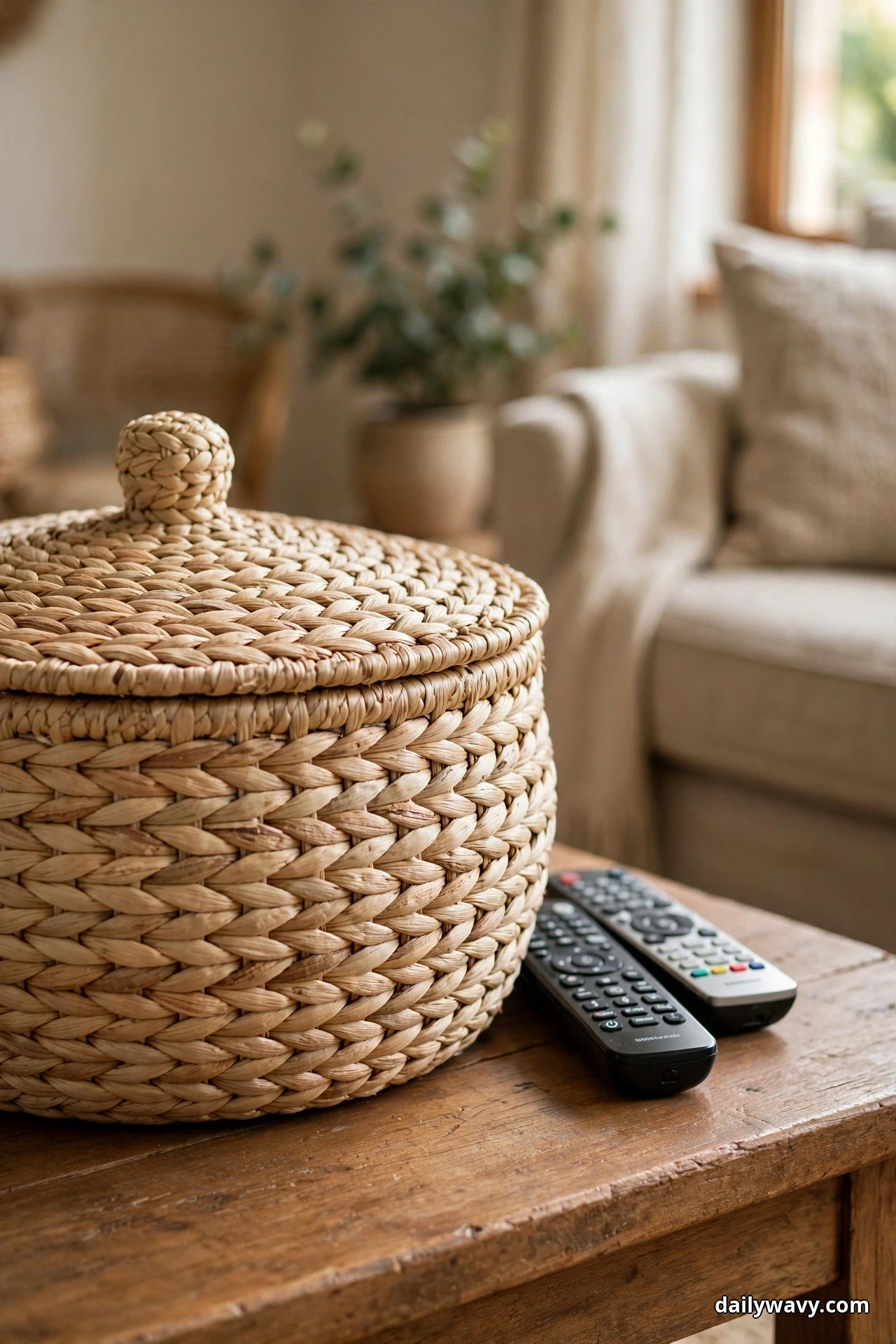 A large lidded woven seagrass basket sits on a wood coffee table with two remote controls beside it and a linen sofa behind it