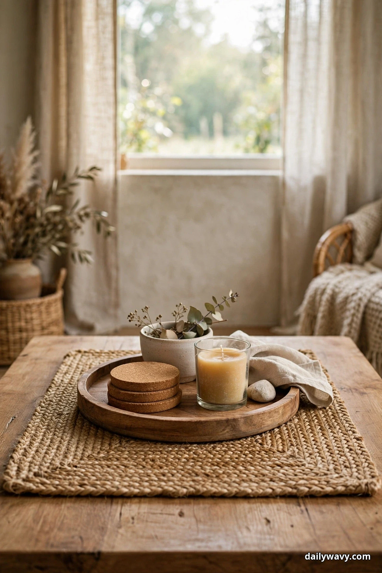A woven jute mat lies beneath a round wood tray holding stacked coasters, a jar candle and a small potted succulent on a wood coffee table