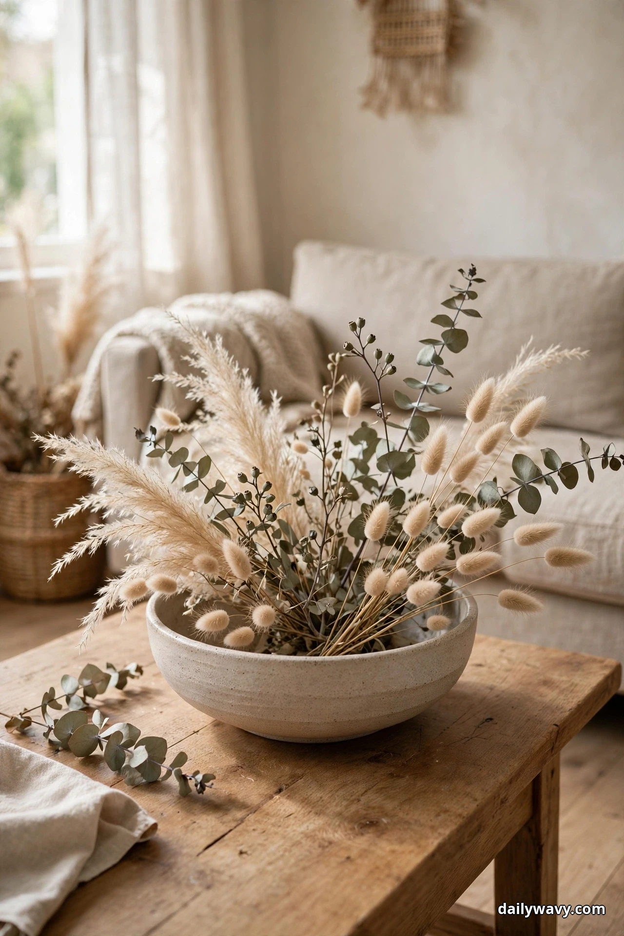 A low wide bowl of dried pampas grass, bunny tails and eucalyptus sits on a wood coffee table in front of a linen sofa