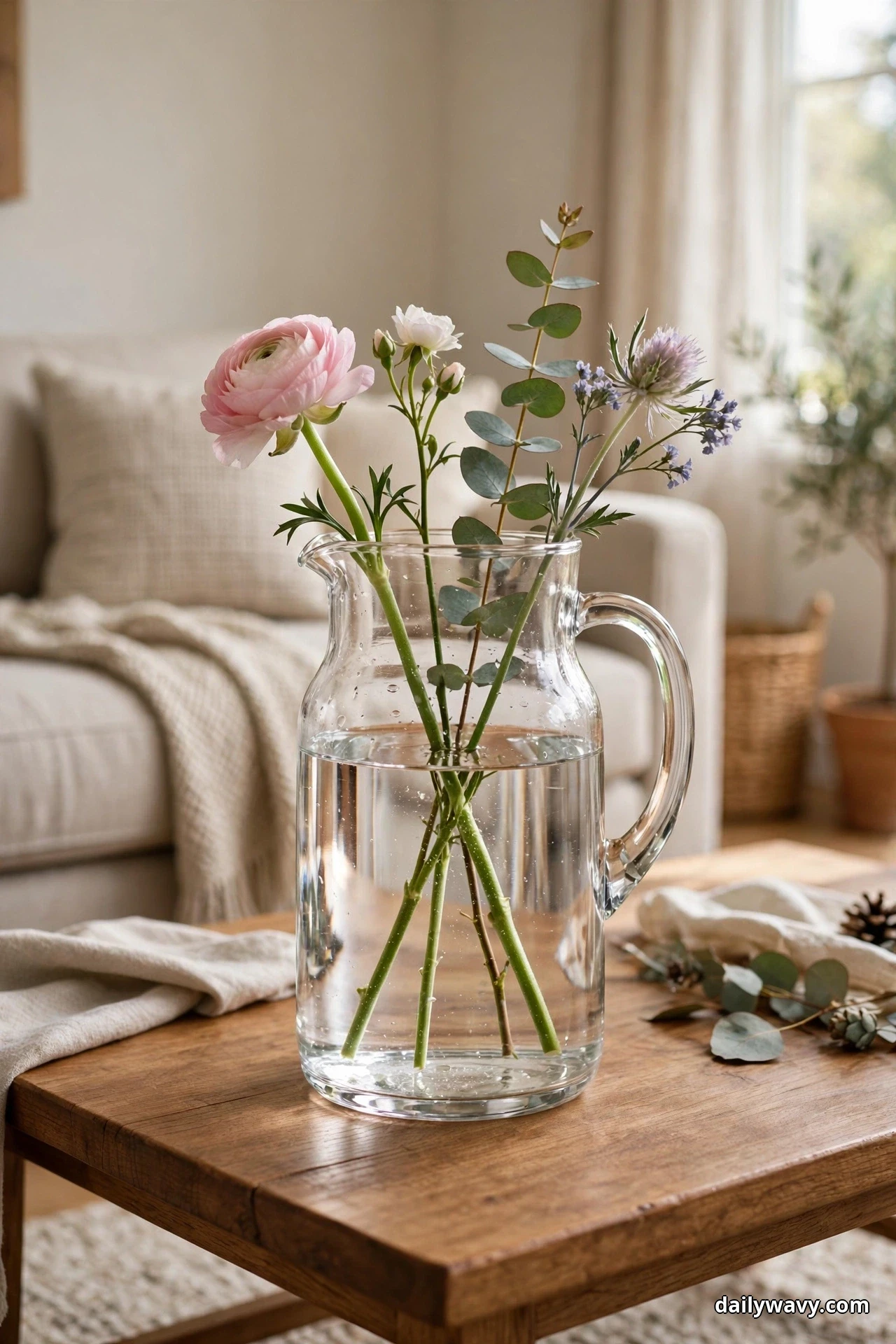 A clear glass pitcher filled with water holds fresh stems including a pink ranunculus and eucalyptus on a wood coffee table