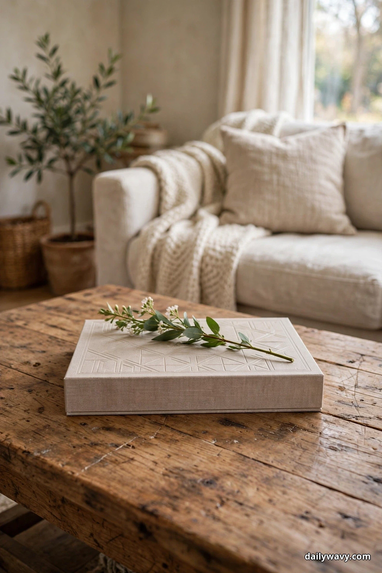 A slim light-colored game box with a single green stem laid across the top sits on a rustic wood coffee table in front of a linen sofa