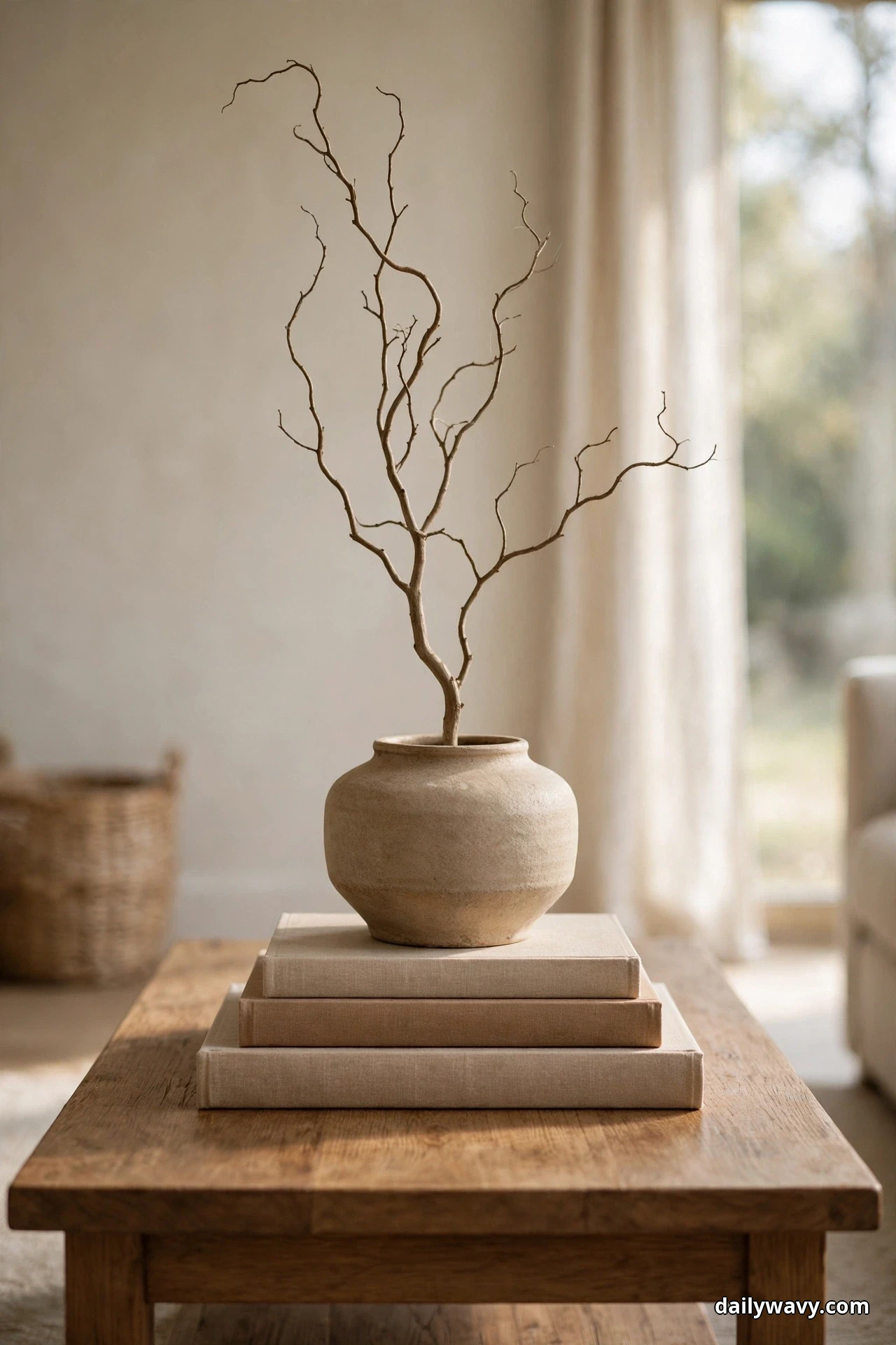 A round stoneware vase holding one tall bare branch stands on a stack of three books on a wood coffee table