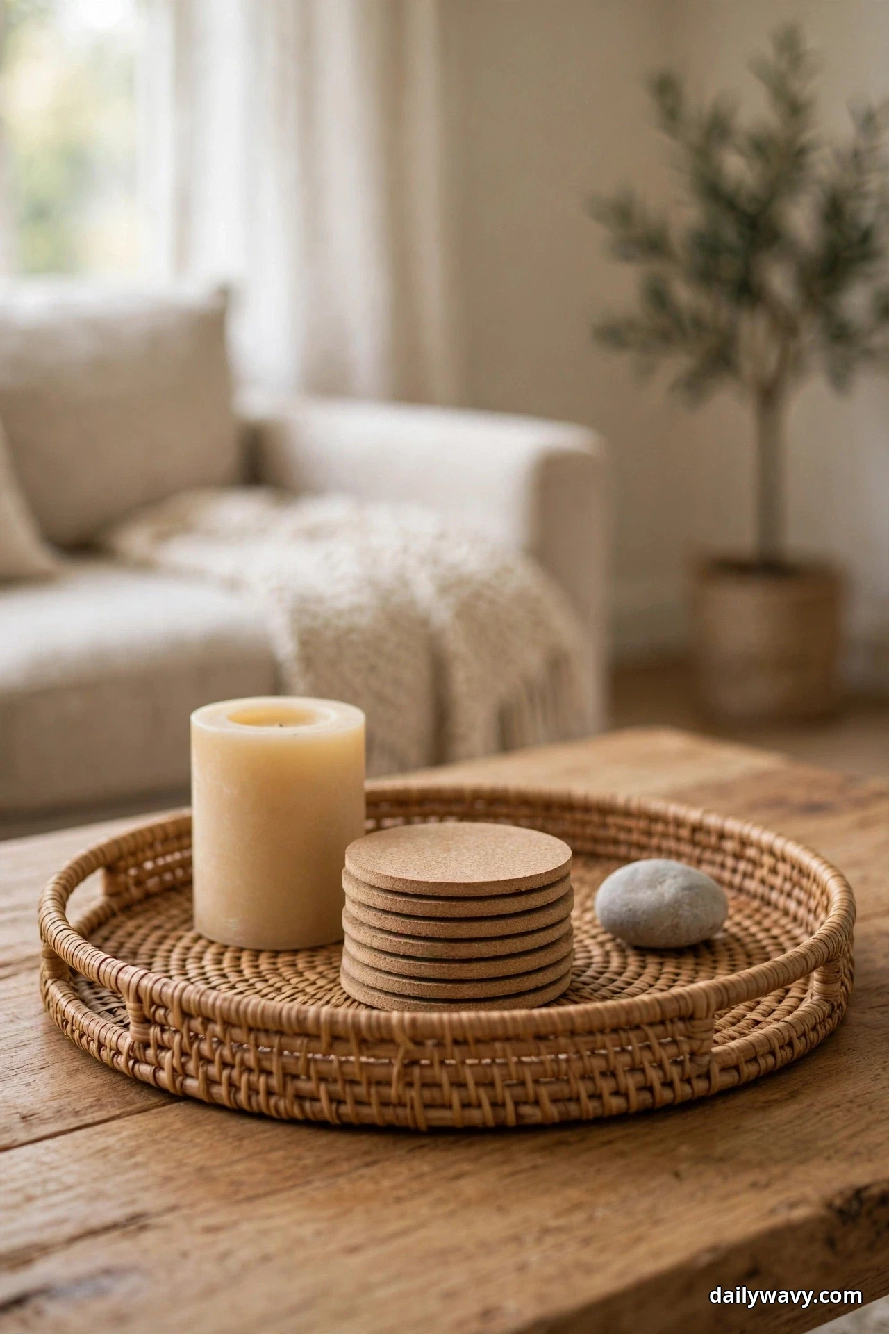 A round woven tray holds a pillar candle, a stack of round coasters and a smooth stone on a wood coffee table