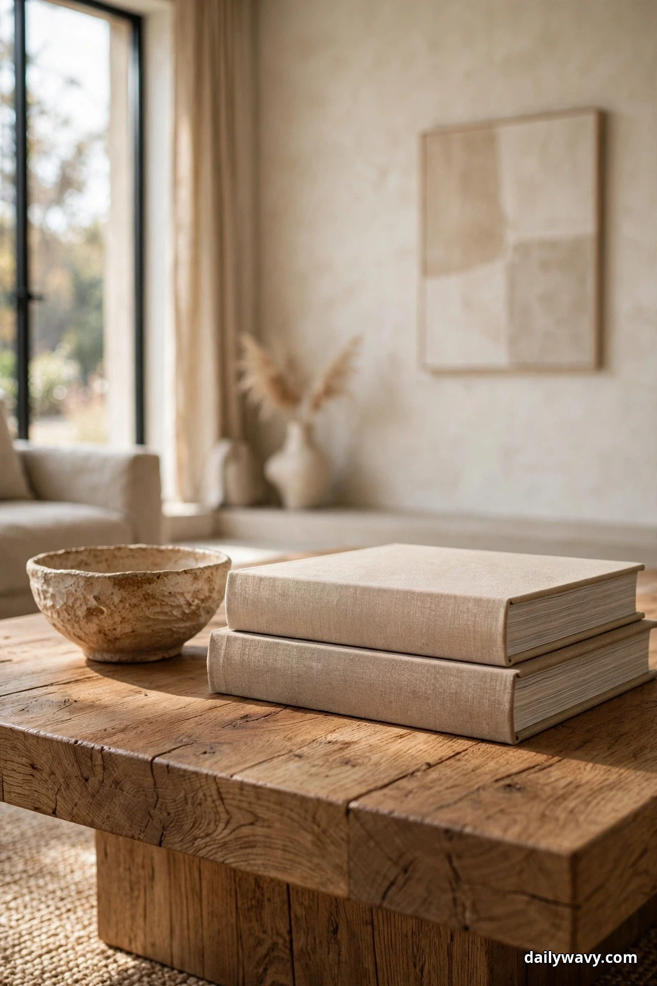 Two oversized cloth-bound books are stacked beside a rustic ceramic bowl on a chunky wood coffee table