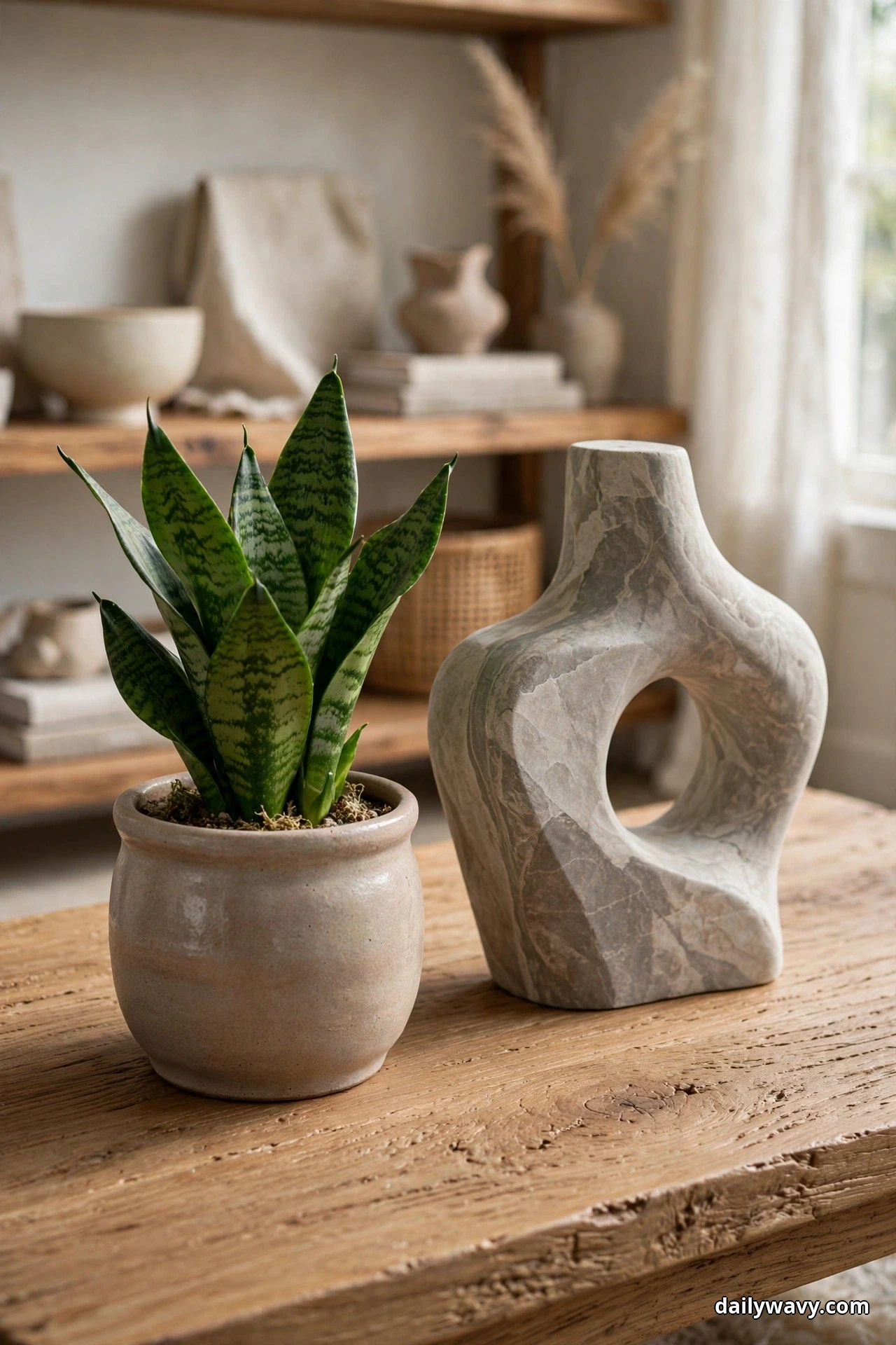 A small snake plant in a ceramic pot stands beside an abstract stone sculpture on a wood coffee table
