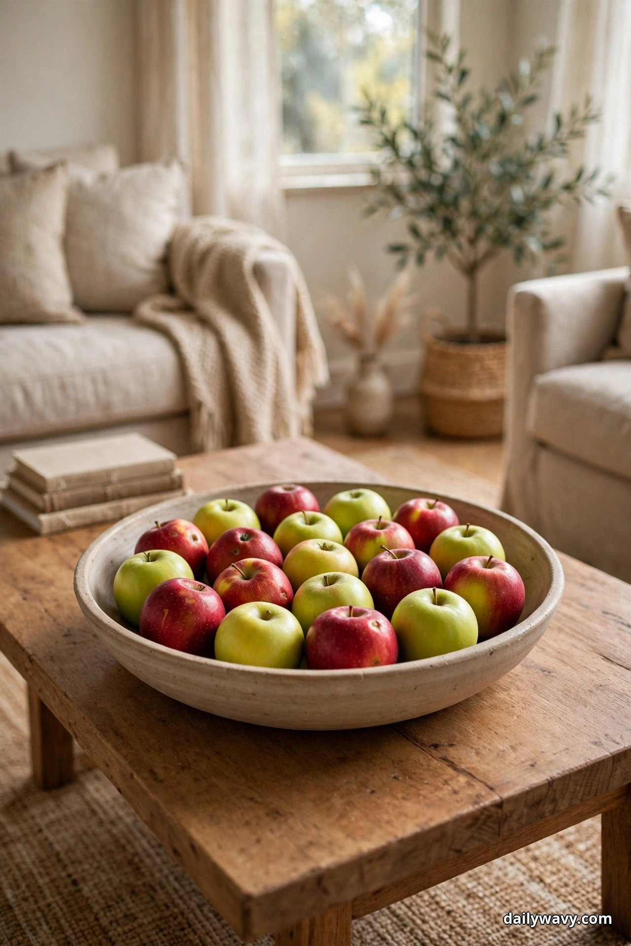A wide shallow bowl filled with red and green apples sits in the center of a wood coffee table