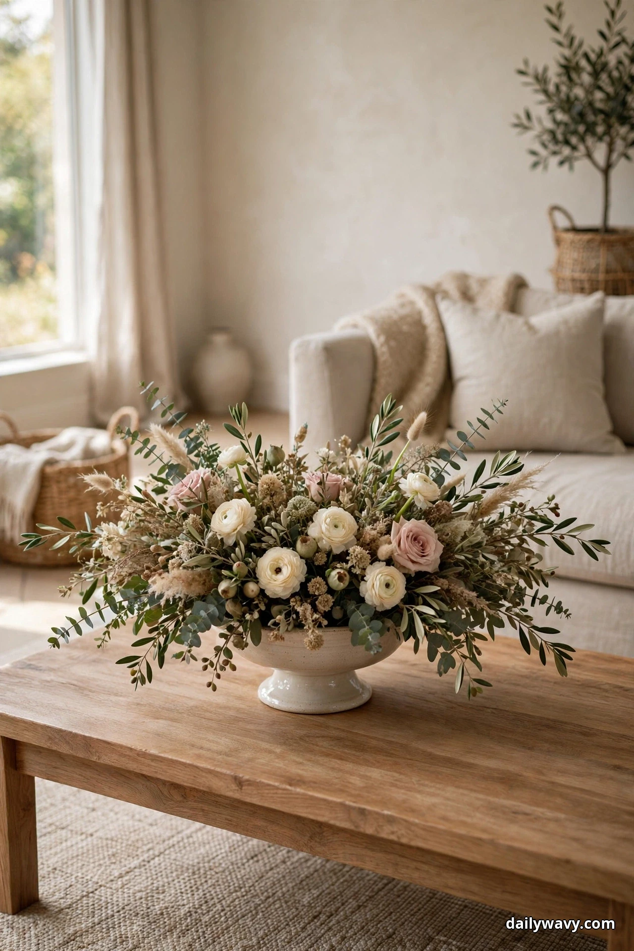 A wide low floral arrangement in a white footed bowl sits centered on a wood coffee table with clear wood visible at both ends