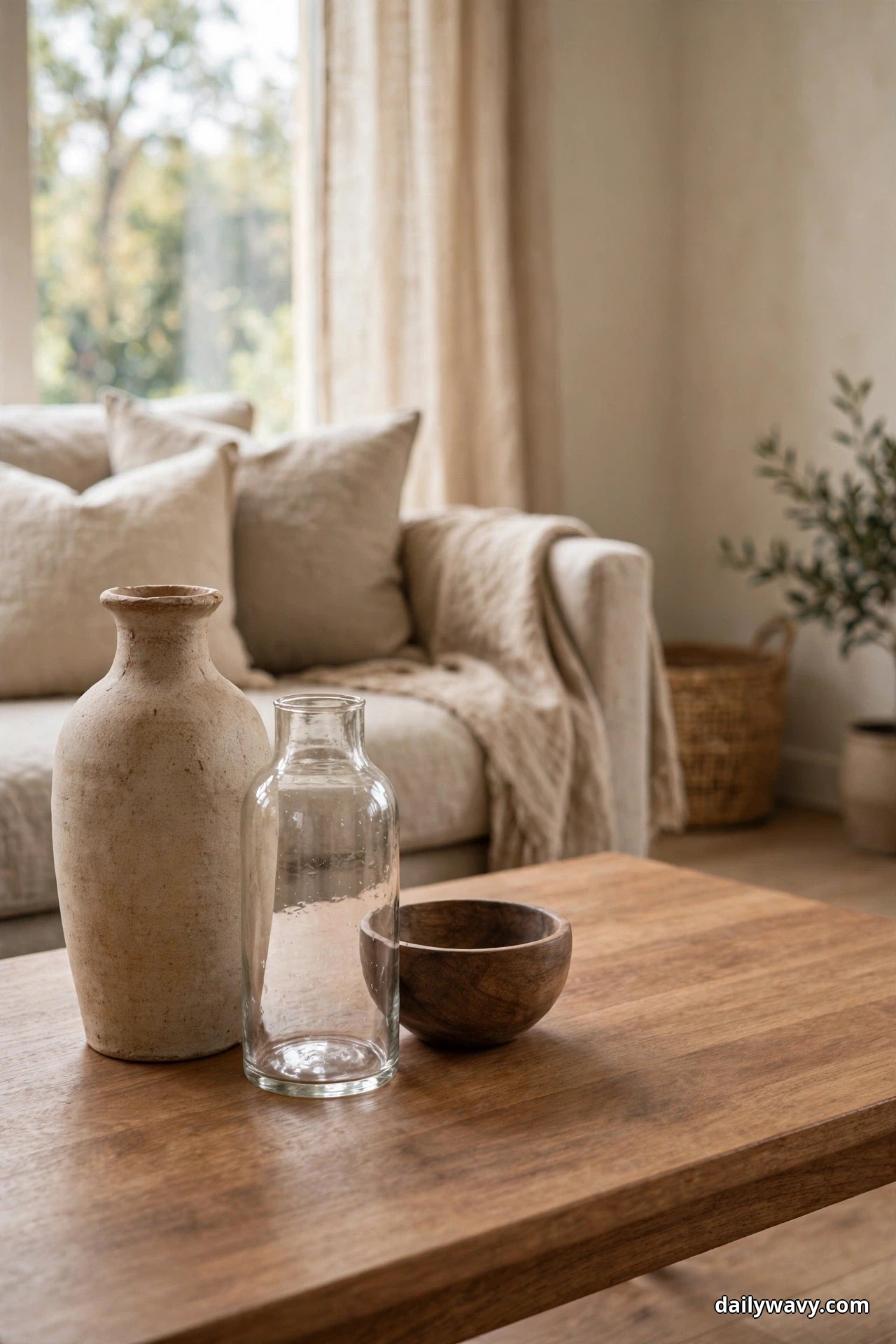 Three vessels of descending height, a tall stoneware bottle, a clear glass bottle and a small dark wood bowl, are grouped at one end of a wood coffee table