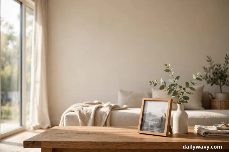 A wood coffee table in a sunlit living room holds a framed landscape print and a white vase with eucalyptus stems, with a linen sofa, cushions and a folded throw behind it
