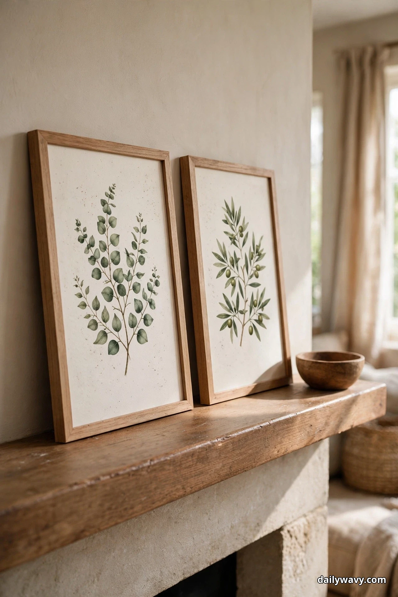 A closer view shows two oak-framed botanical prints, one of eucalyptus and one of an olive branch, leaning side by side on a thick wood mantel beam beside a small wooden bowl