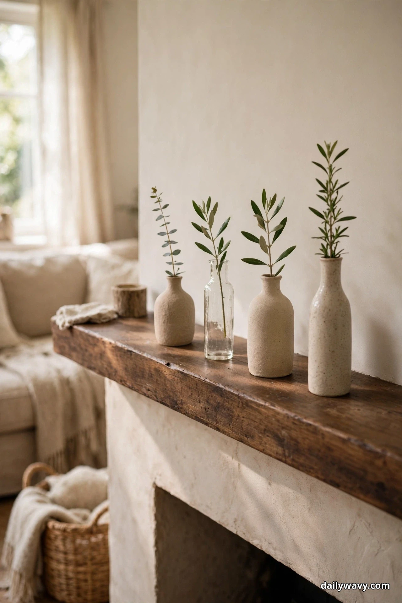 Four bud vases in cream ceramic and clear glass stand in a row on a dark wood mantel beam, each holding a single green stem