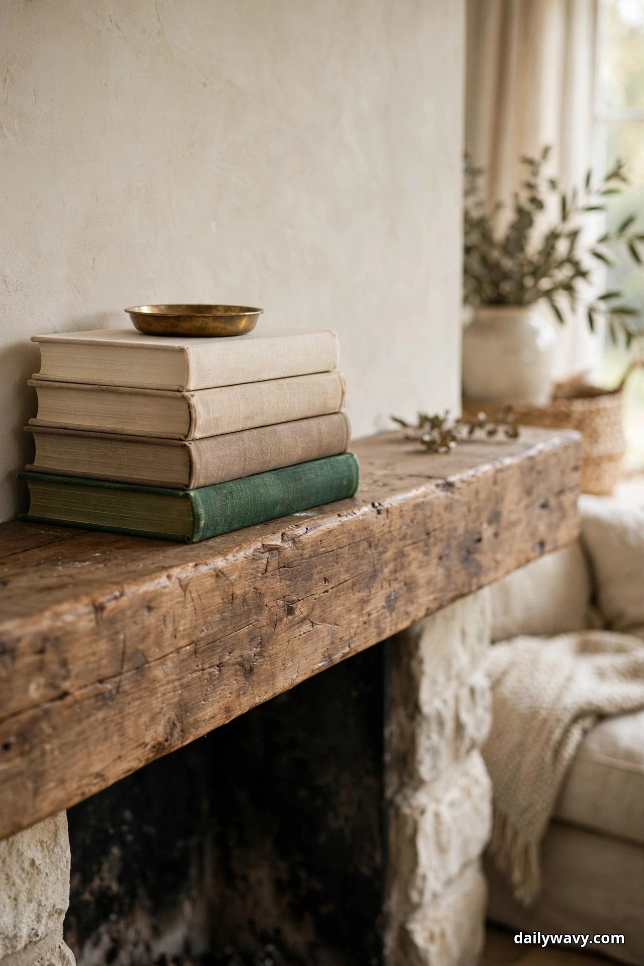A stack of four cloth-bound books in cream, taupe, and deep green sits on a rustic wood mantel beam, topped with a small brass dish