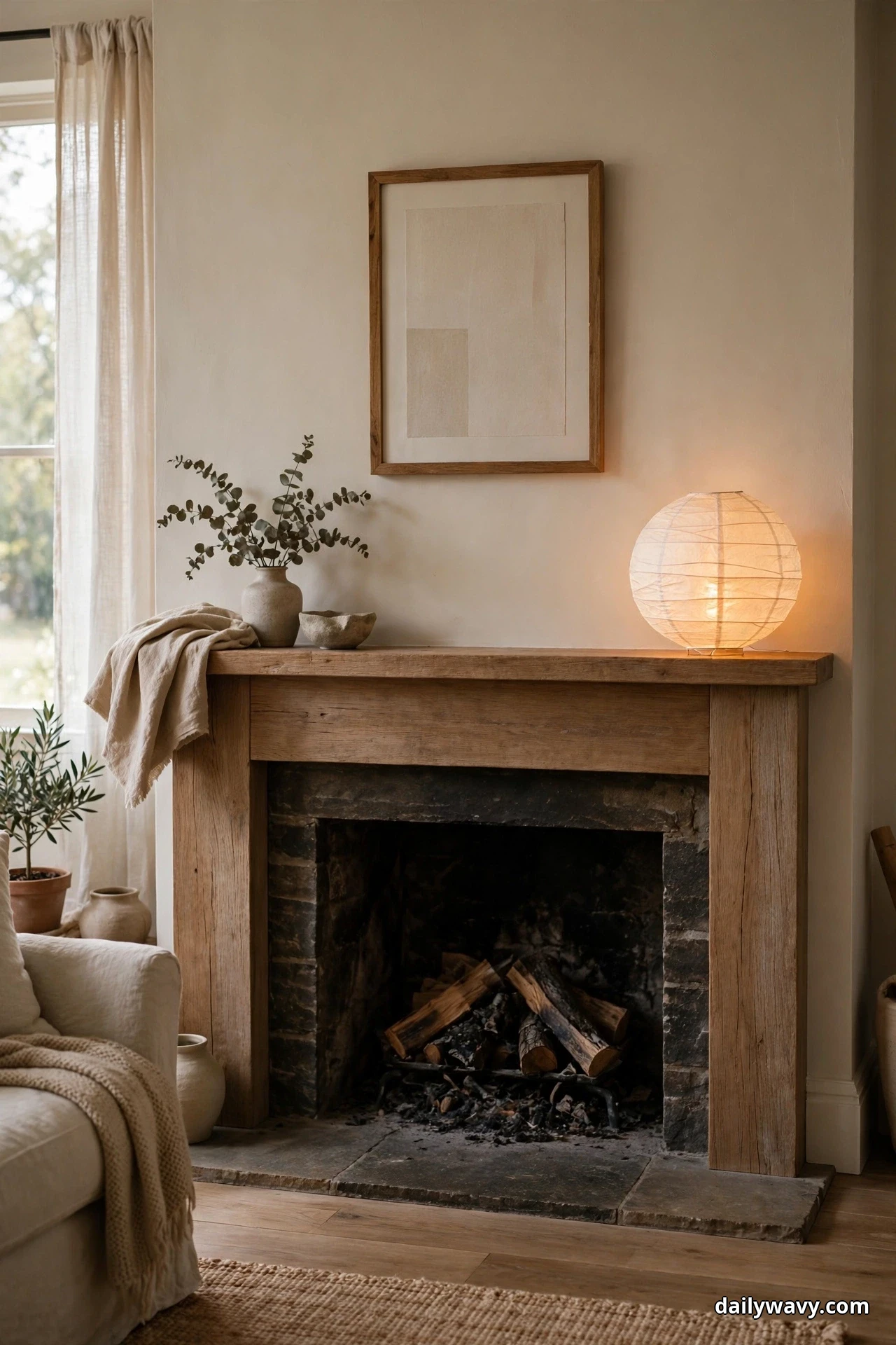 A round paper lantern glows at the far end of an oak mantel above a stone firebox stacked with logs, with a framed abstract print hanging on the wall above the mantel's center