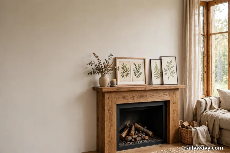 A wide view shows an oak fireplace mantel holding framed botanical prints and a stoneware vase of dried stems above a firebox stacked with logs, with a wicker log basket and a linen sofa beside the window