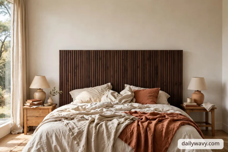 Wide view of a bedroom with a dark vertical-slatted wood headboard behind a bed with cream and rust bedding, flanked by two wooden nightstands with lamps