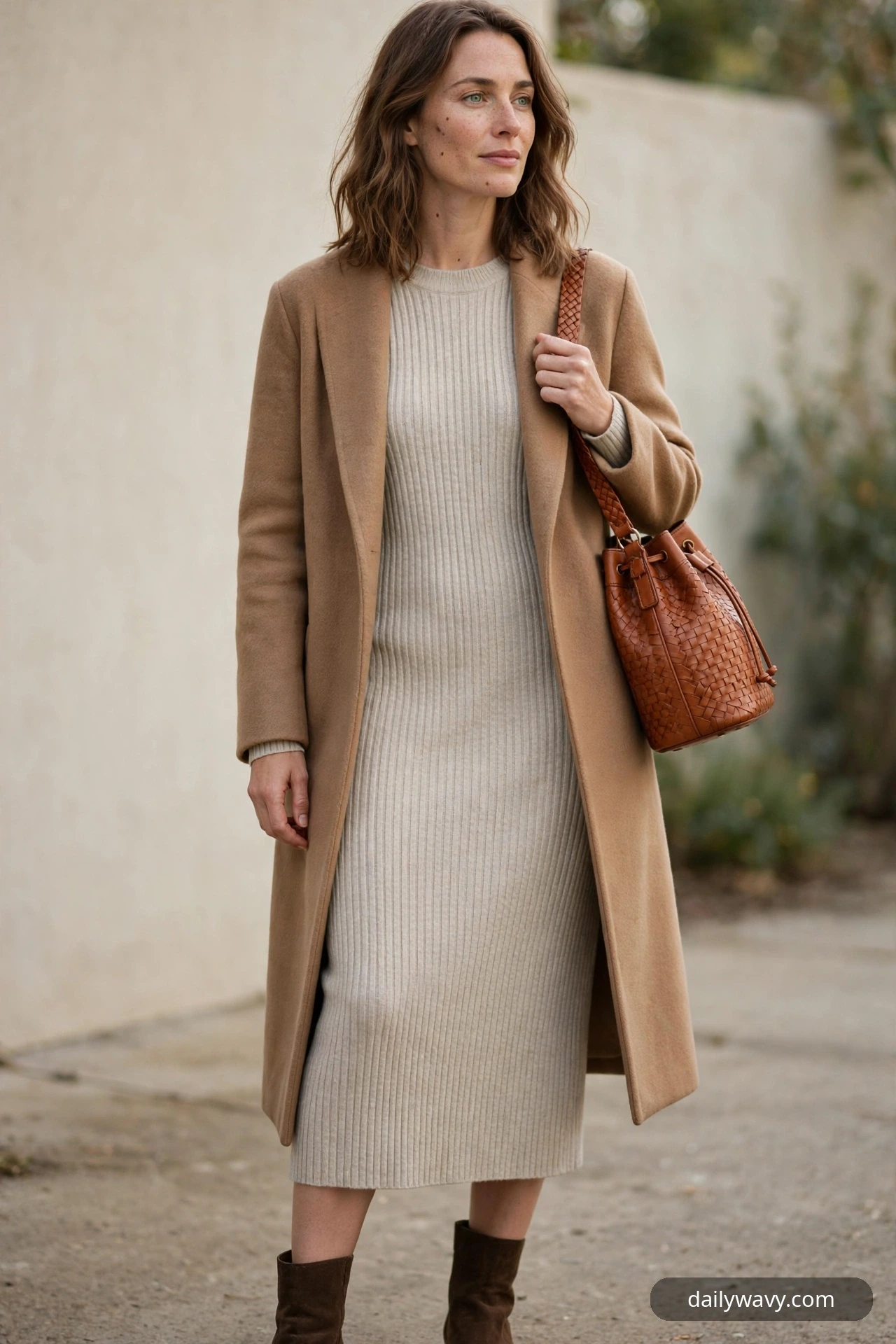 A woman wears an oatmeal ribbed-knit midi dress under an open camel long coat with dark brown suede ankle boots, a cognac woven leather bucket bag hanging from her shoulder.