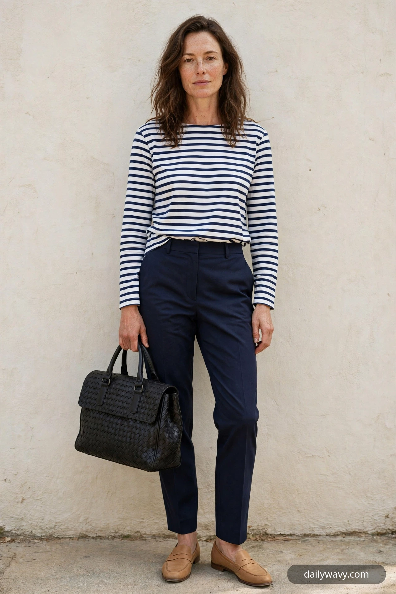 A woman stands against a plain wall in navy tailored trousers and a navy-and-white striped Breton shirt with tan penny loafers, carrying a black woven leather satchel by its top handles.