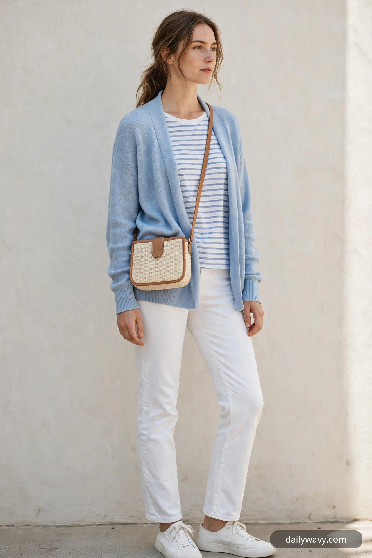 A woman wears white straight-leg jeans with an open light blue cardigan over a white-and-blue striped tee and white canvas sneakers, a small cream woven crossbody bag with tan trim resting at her hip.