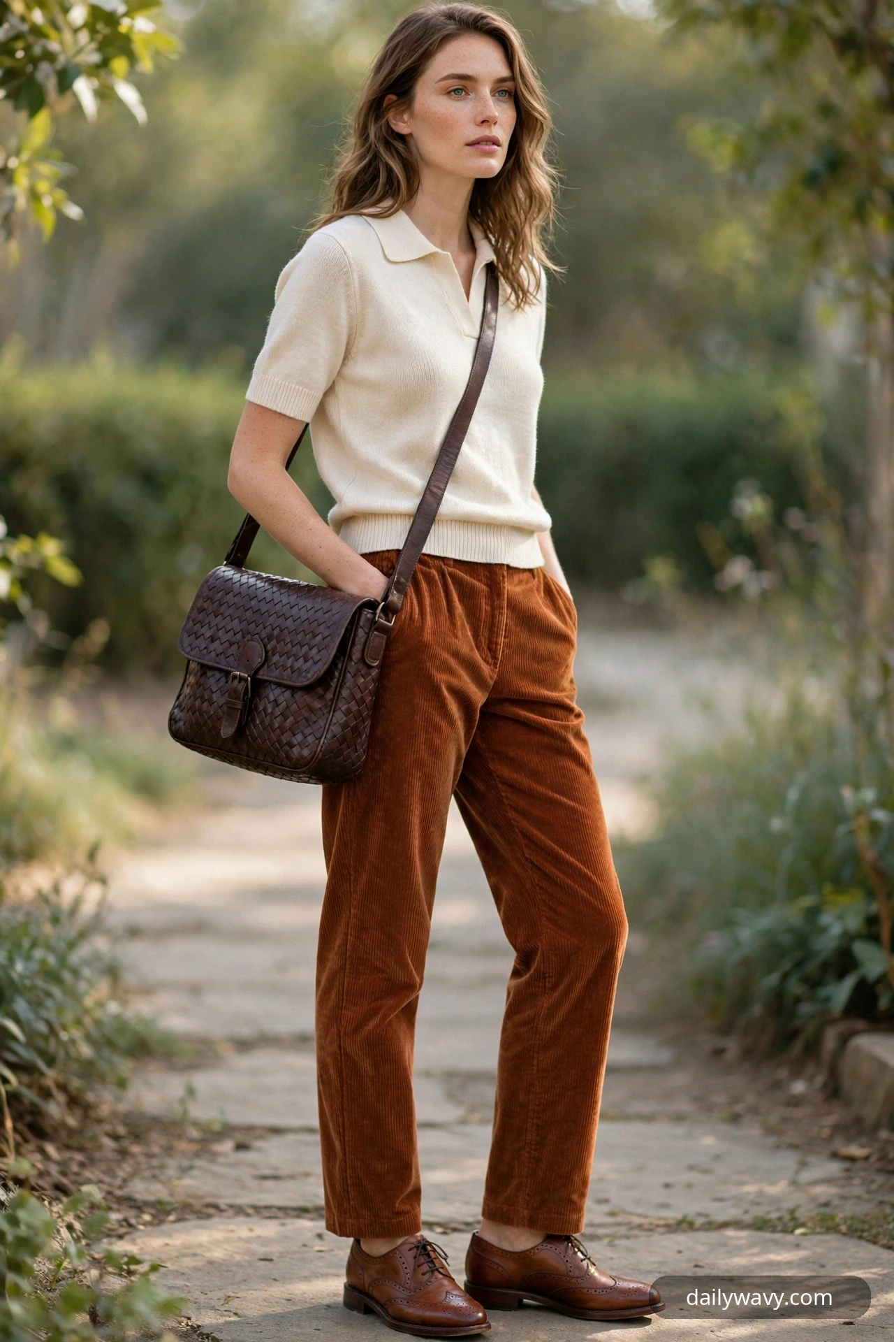 A woman wears rust corduroy trousers and a cream short-sleeve knit polo with brown leather brogues, a dark brown woven leather messenger bag worn across her body.