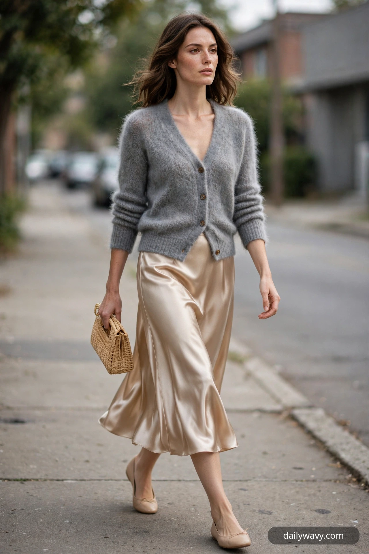 A woman walks along a sidewalk in a champagne satin midi skirt and a soft gray cardigan with nude ballet flats, holding a small woven raffia clutch in one hand.