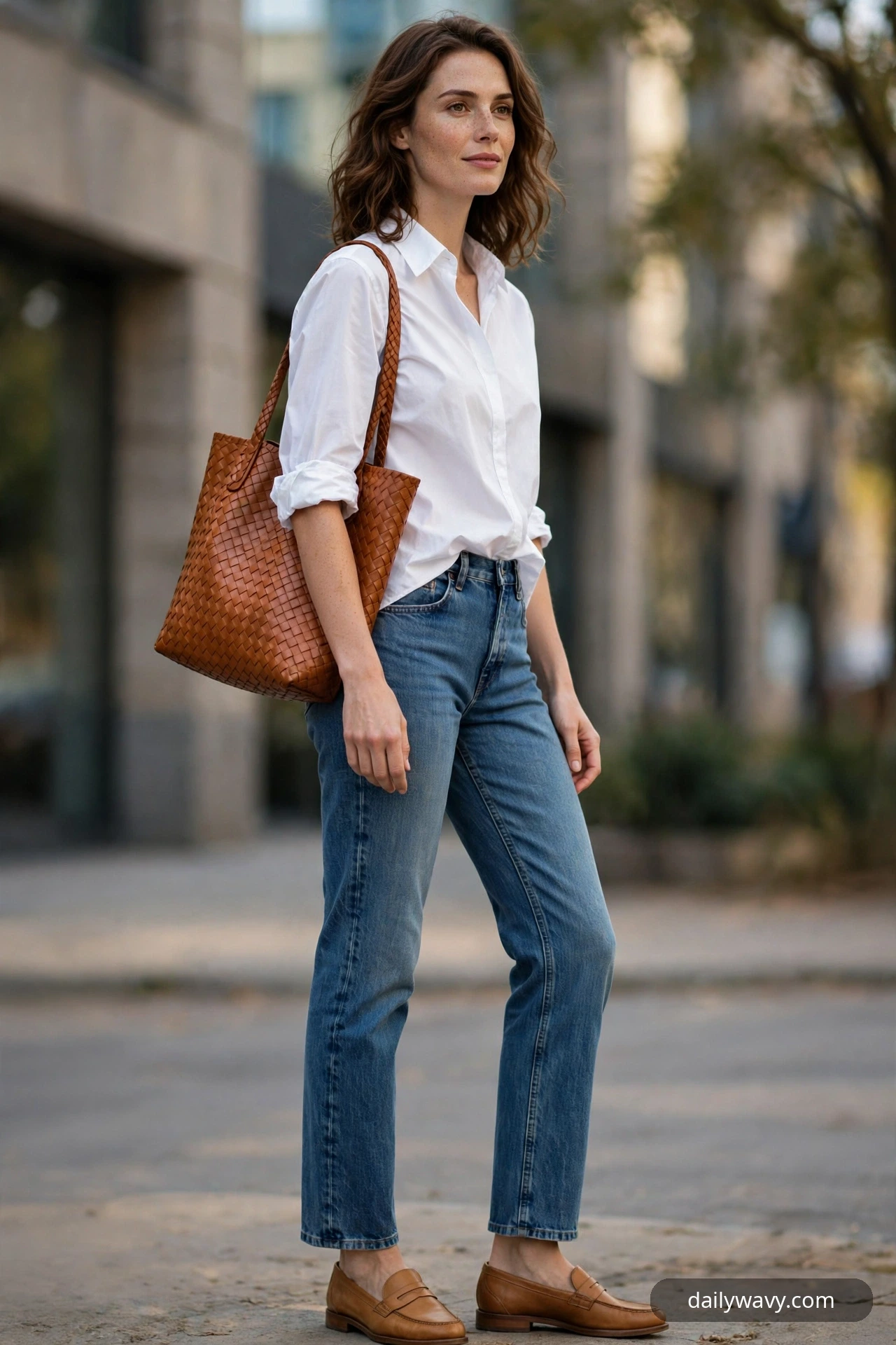 A woman wears a white cotton oxford shirt tucked into medium-wash straight-leg jeans with tan leather loafers, a cognac woven leather tote hanging from her shoulder.