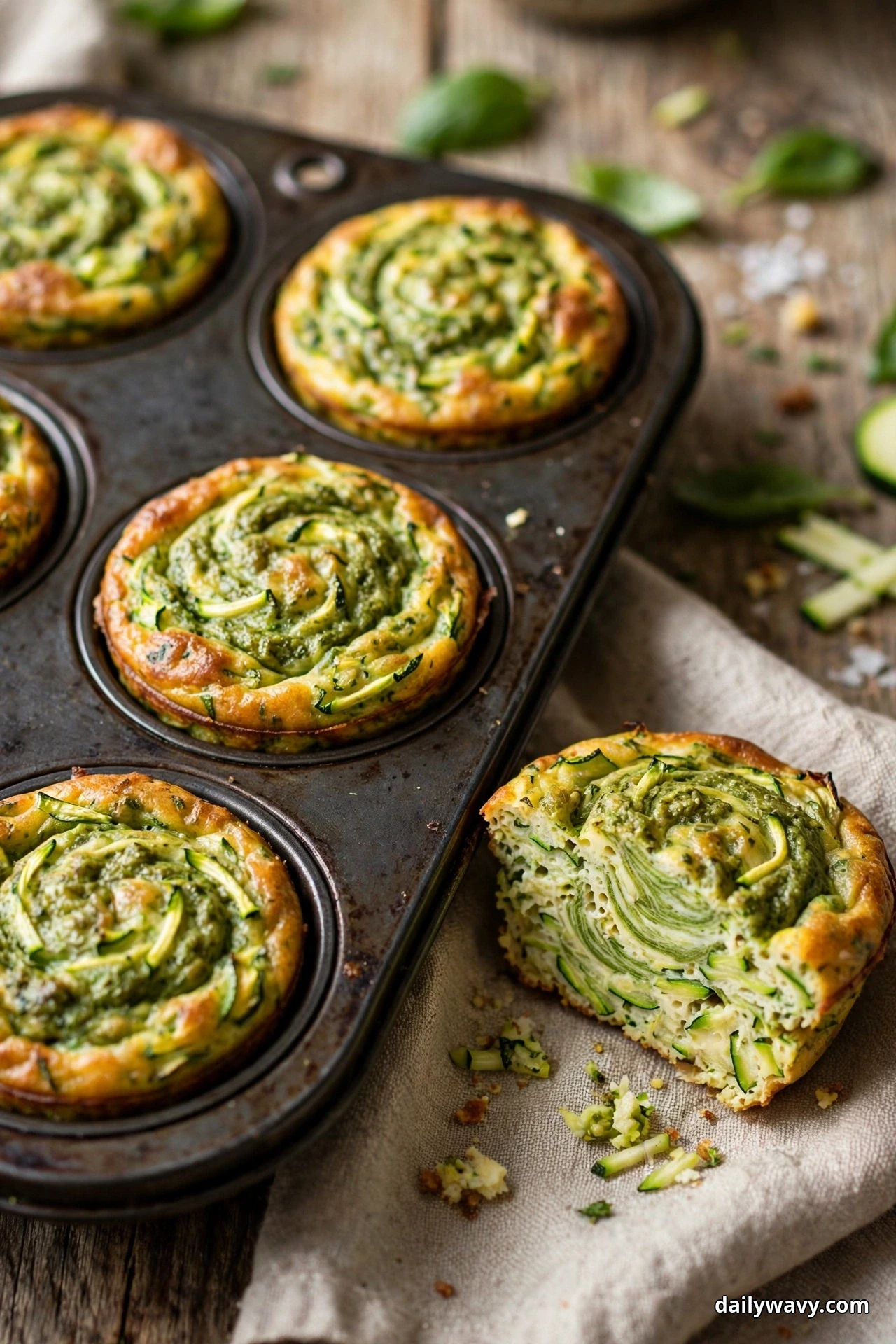 Zucchini egg muffins marbled with green basil pesto swirls rest in a muffin tin, with one muffin cut open on a linen cloth beside the tin showing the green marbling inside